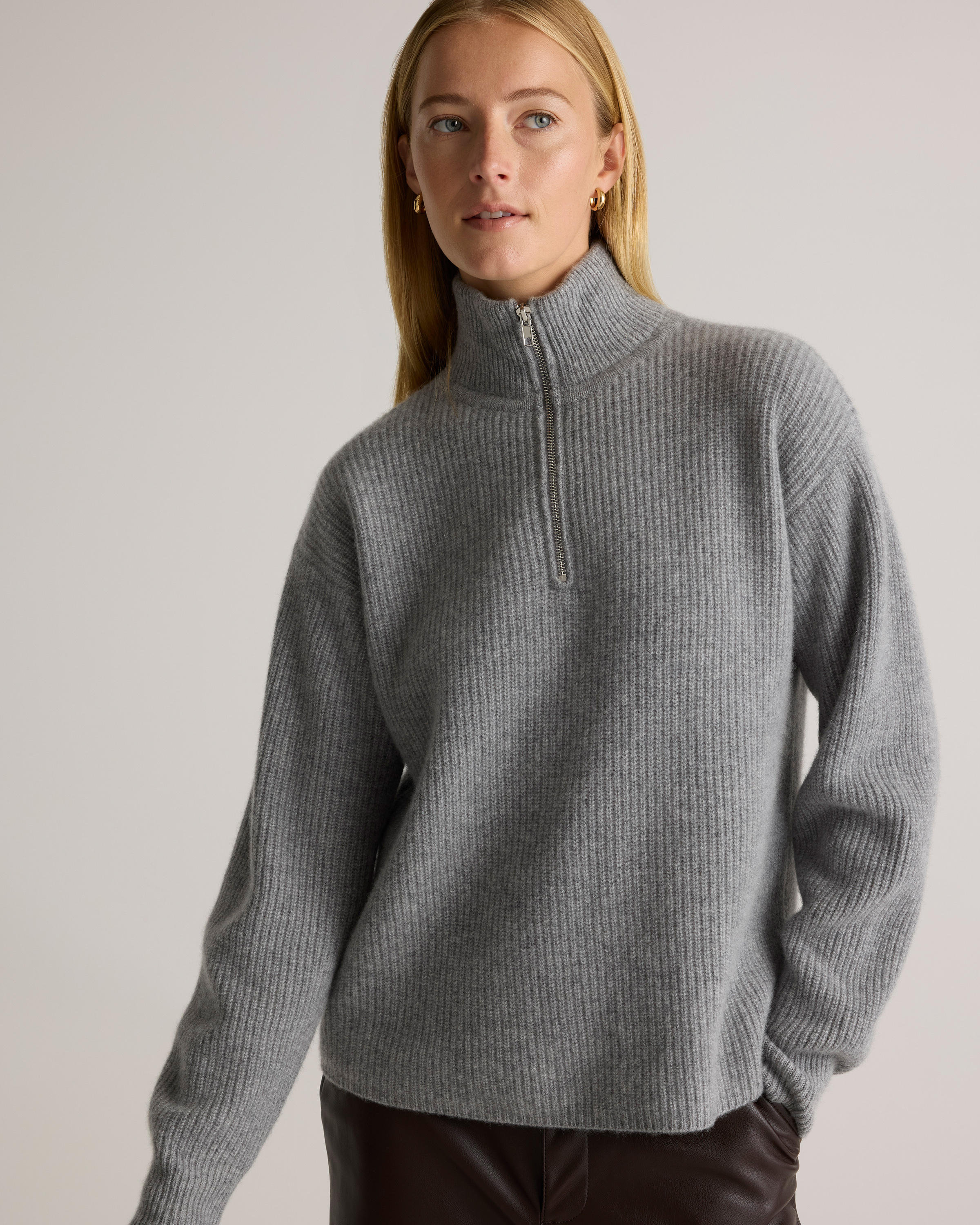 Mongolian Cashmere Fisherman Quarter Zip Sweater in Heather Grey