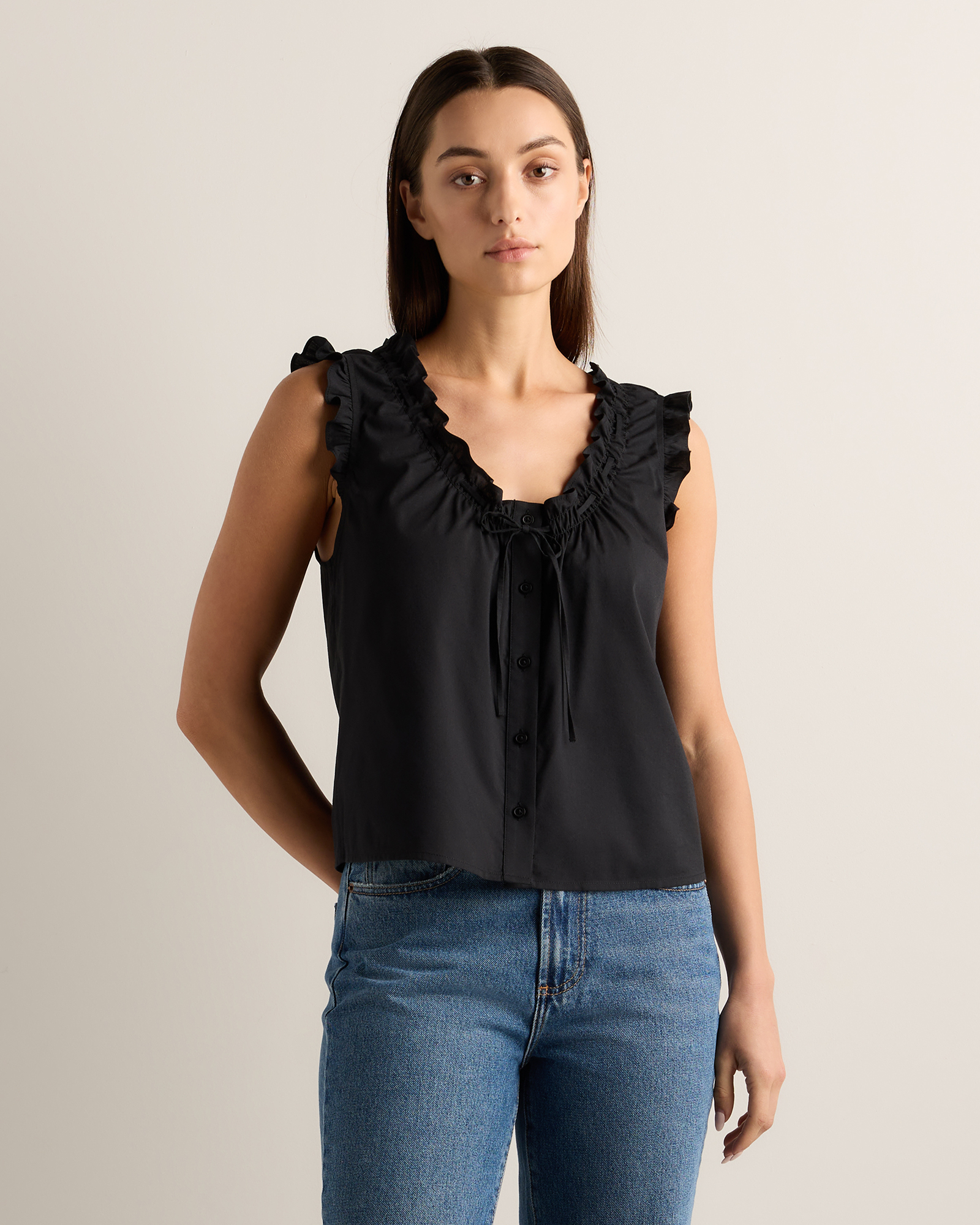 Black Cotton Viscose Voile Ruffle Trim Tank