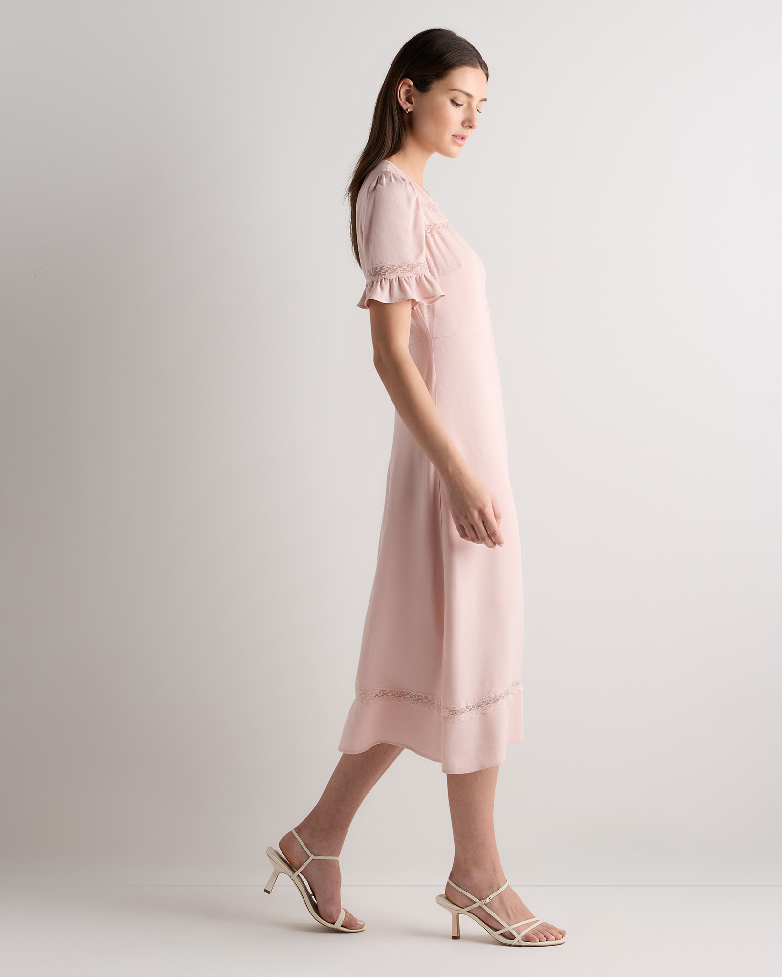 renaissance split midi dress in light pink Elise | Light PINK Plunge-Neck Midi Dress With Drop-Waist