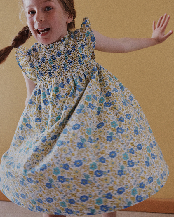 Blue Ditsy Floral 100% Organic Cotton Poplin Smocked Flutter Sleeve Dress
