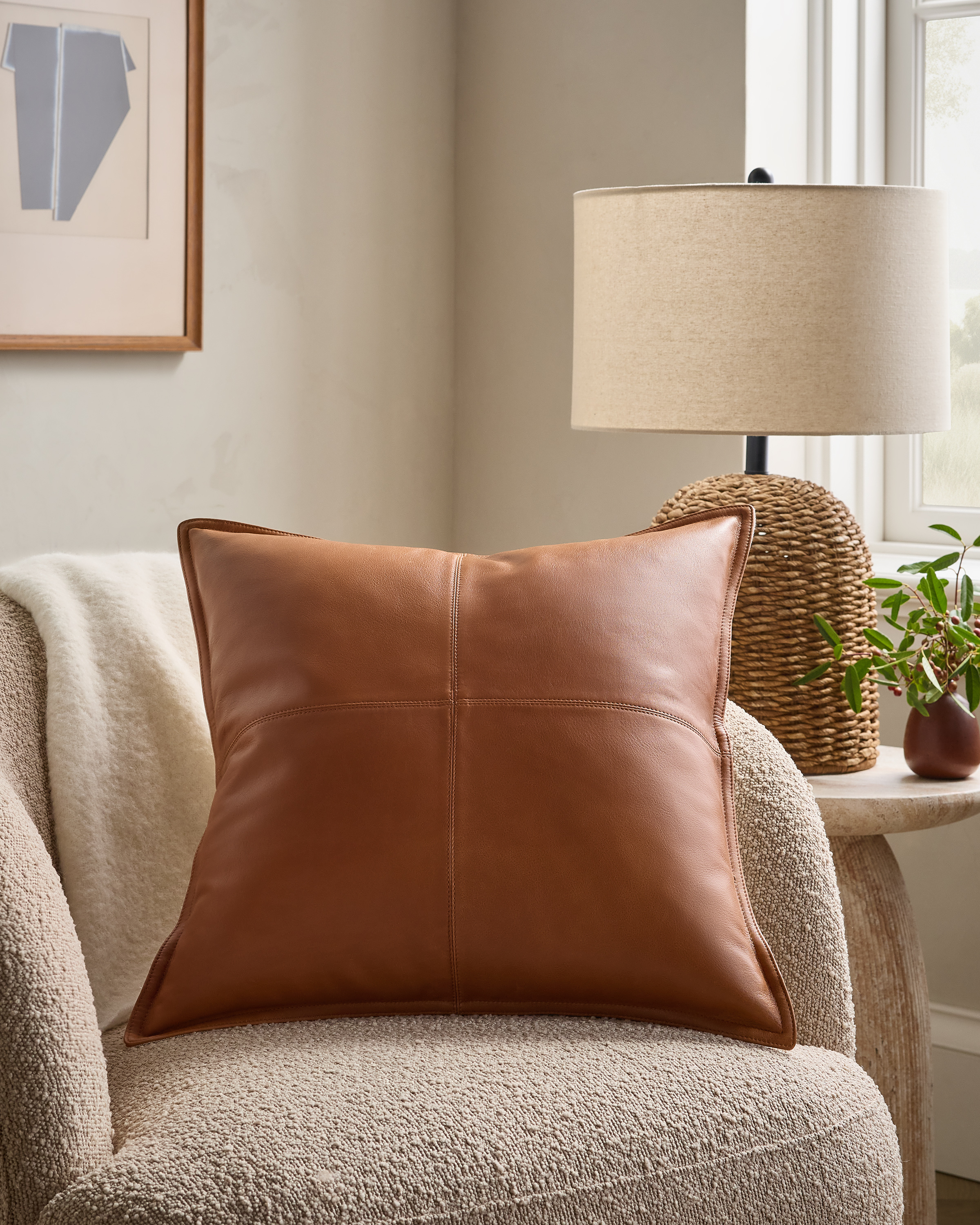 Cognac Pieced Leather Pillow Cover