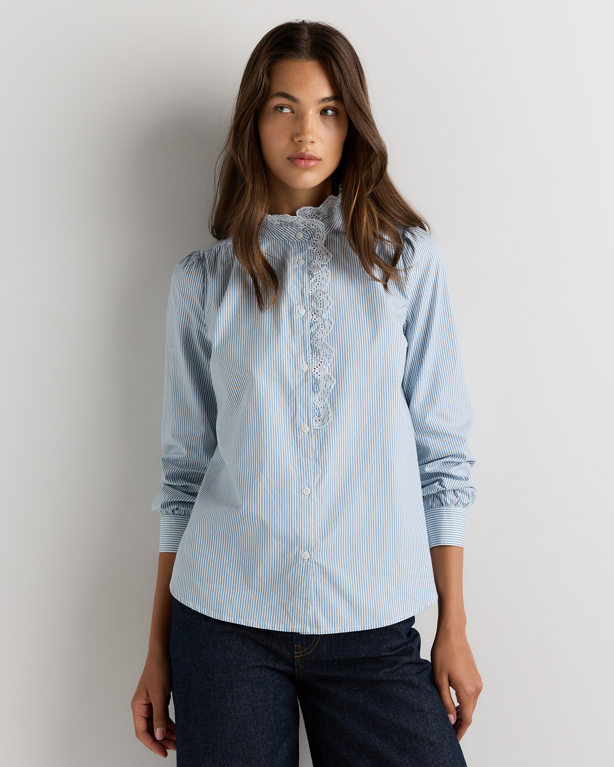 Light Blue Stripe 100% Organic Cotton Lace Ruffle Blouse