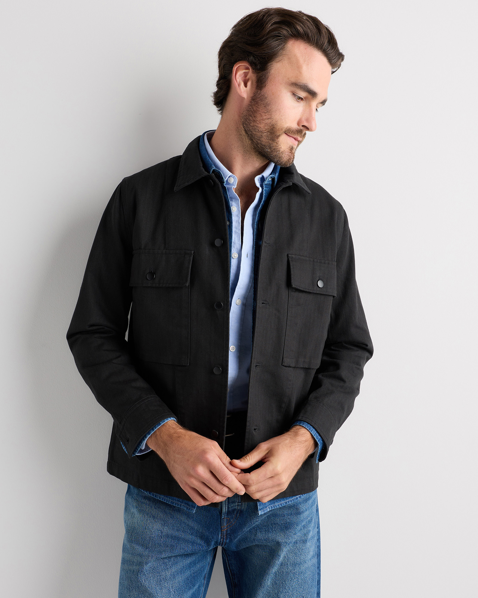 Washed Black 100% Organic Herringbone Twill Shirt Jacket