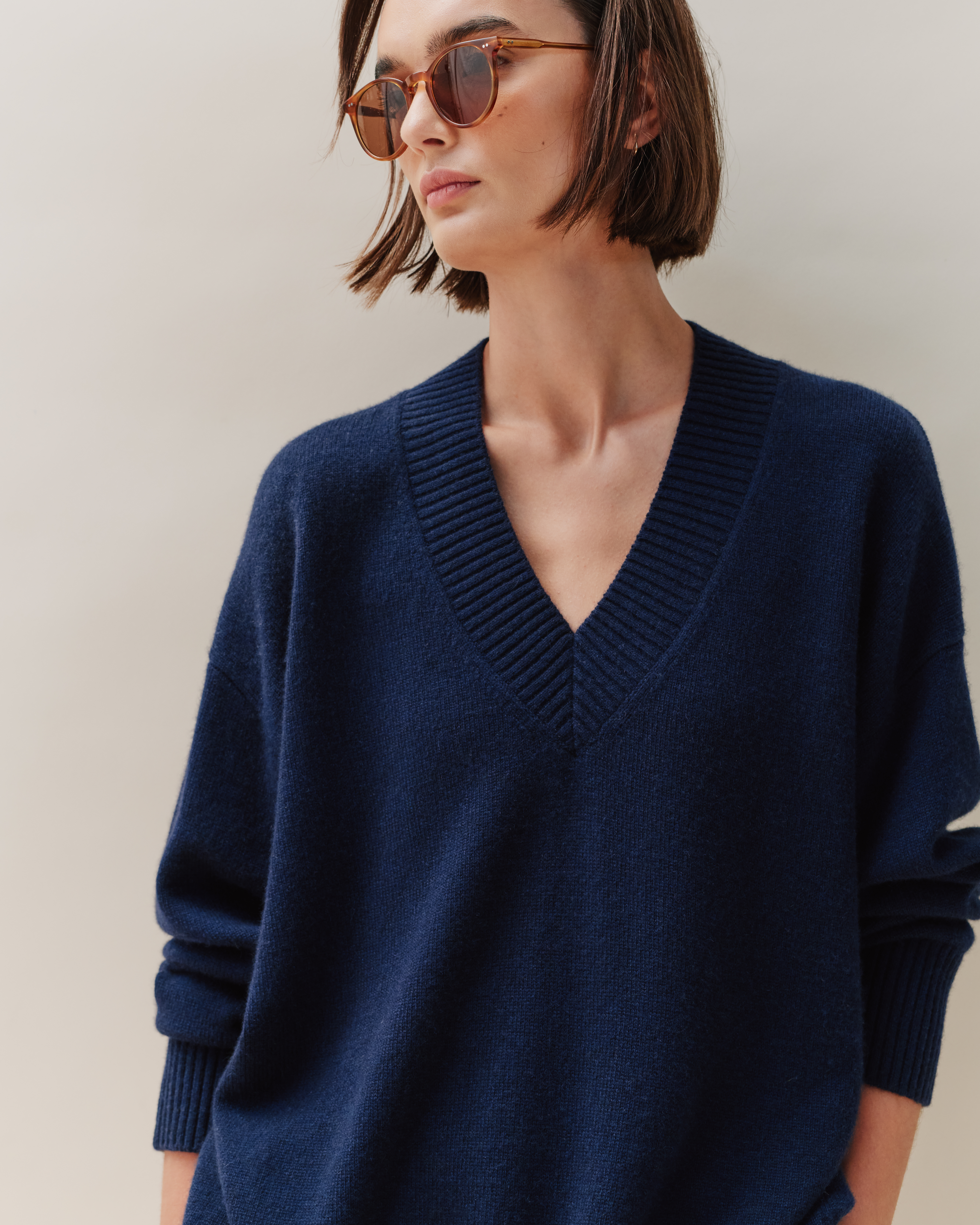 True Navy Mongolian Cashmere Oversized V-Neck Sweater