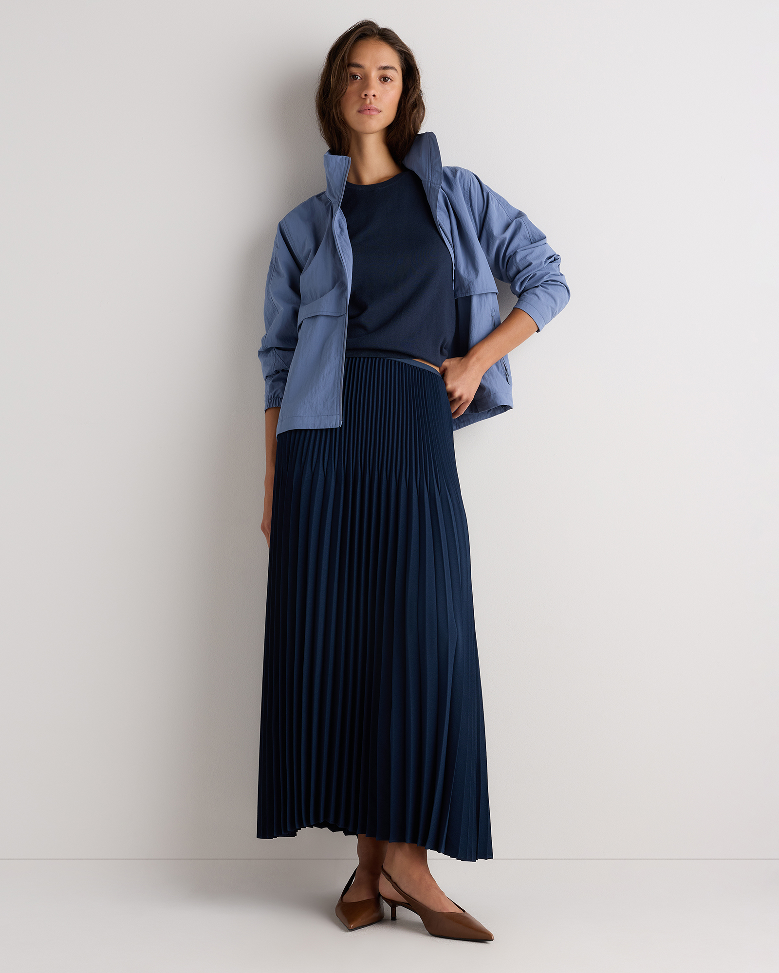 Pleated Matte Midi Skirt in Riviera Navy
