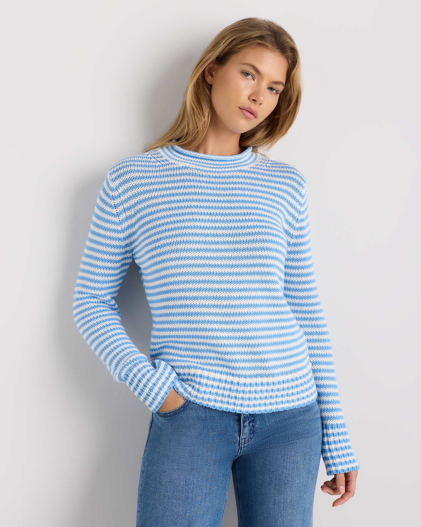 Cornflower Mini Stripe 100% Organic Cotton Roll Neck Sweater