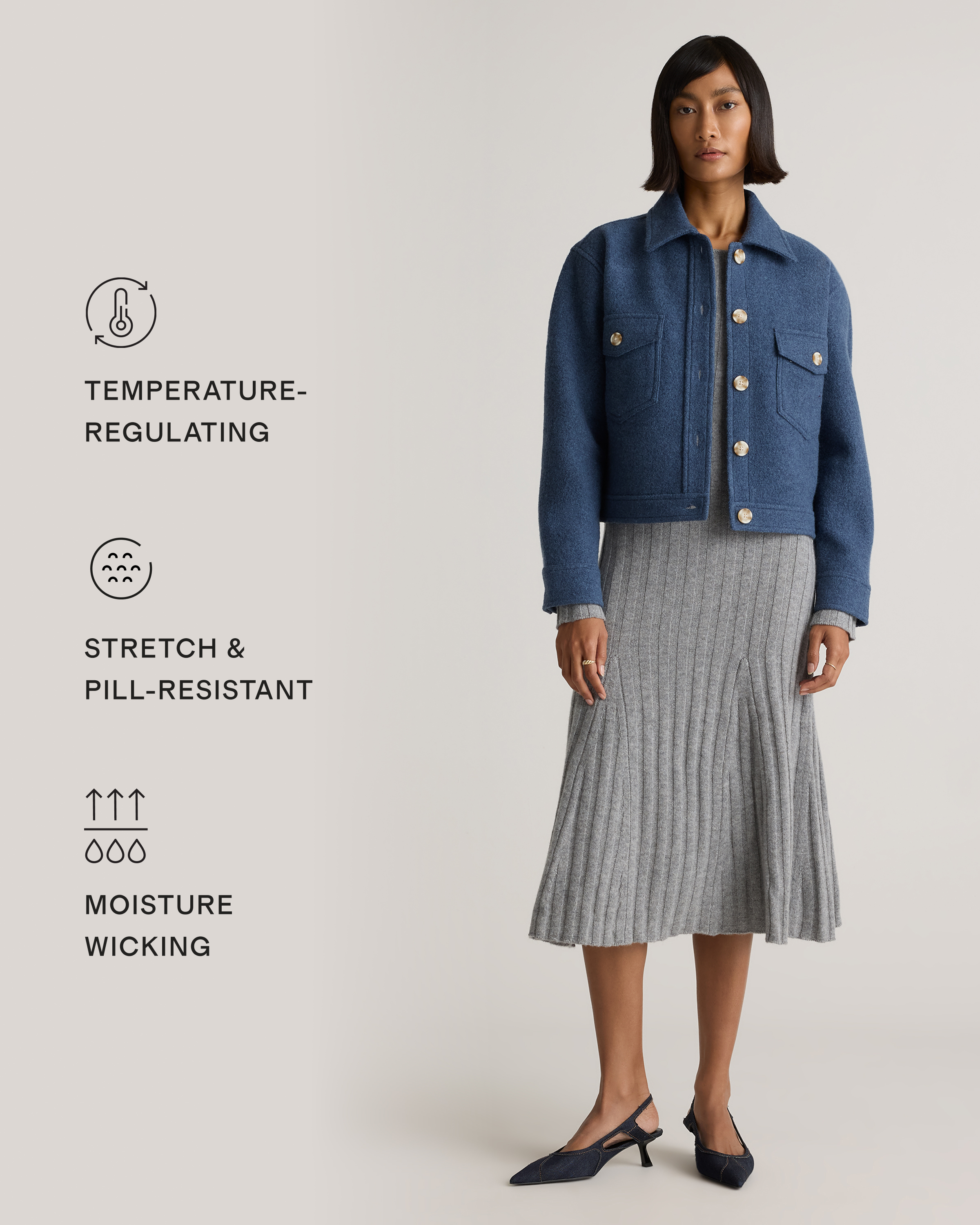 100% Merino Wool Cropped Shirt Jacket in Denim Blue Melange