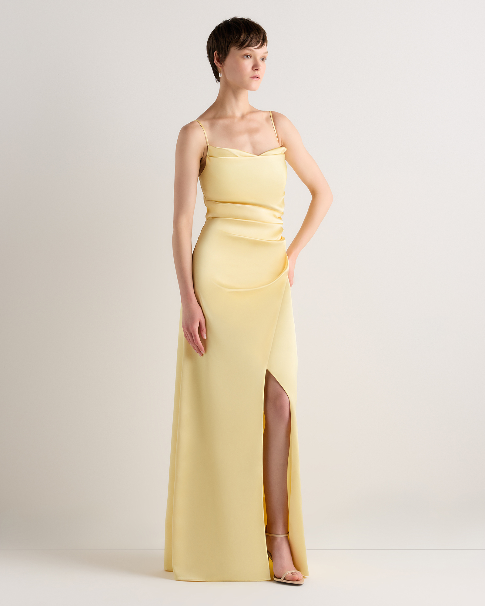 pastel yellow satin dress Women's Catalina Stretch in Yellow, Size 12, Recycled Polyester by Quince The Samara Satin Maxi Dress