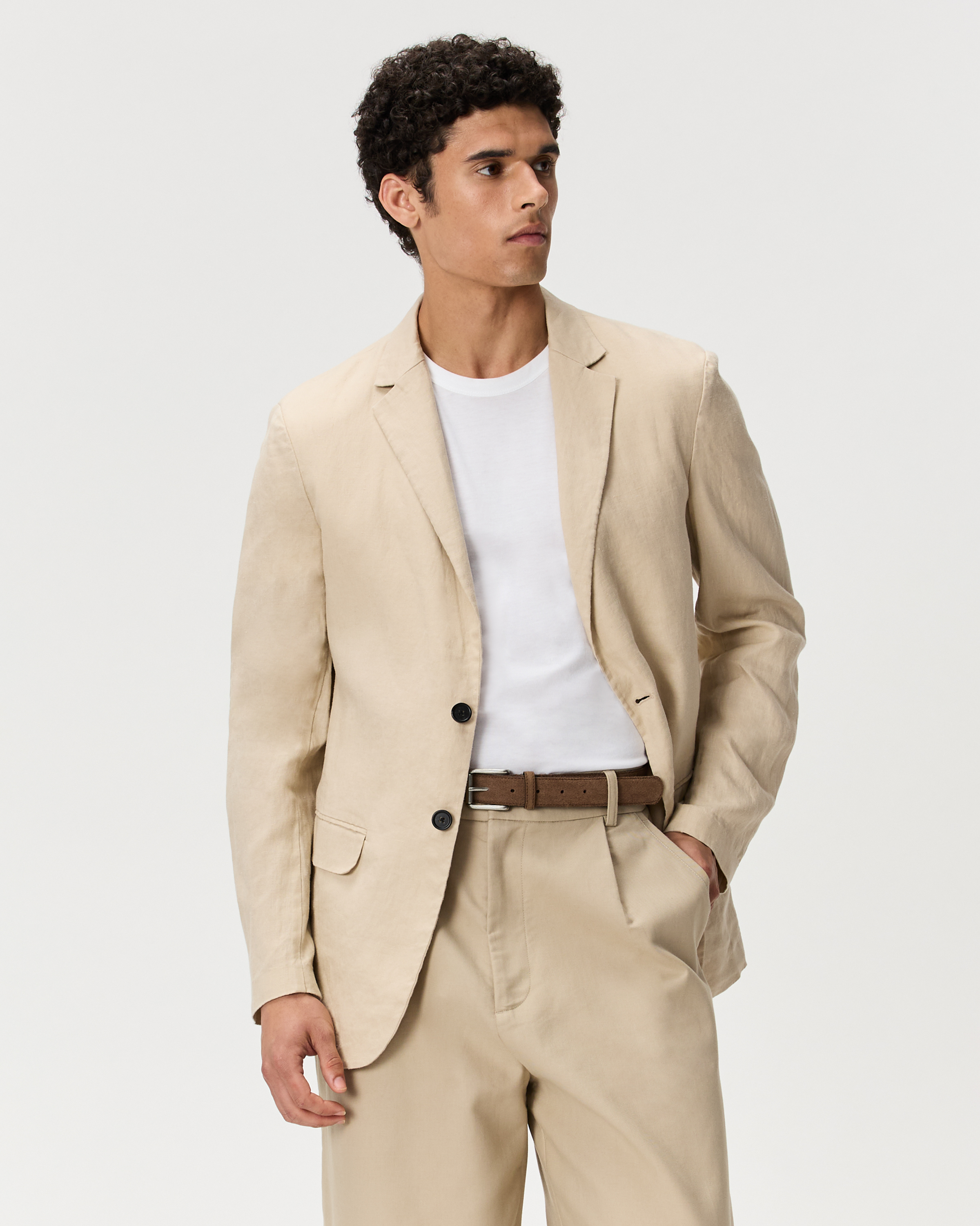 じじ　Boyfriend Linen Jacket Men Cotton Linen Blazer Two Button Lapel Long Sleeve Casual