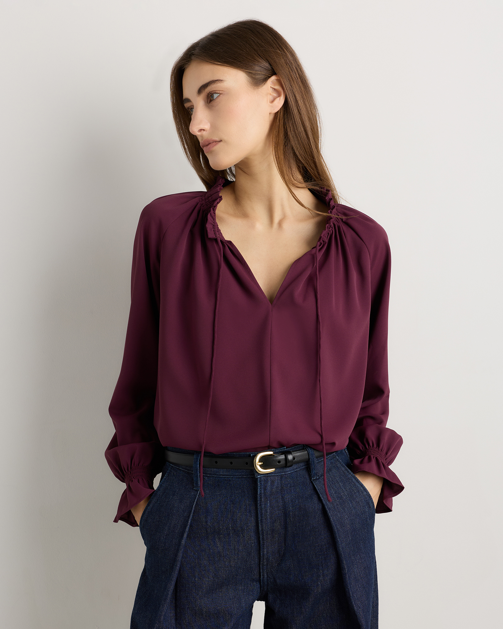 Barolo Burgundy Drapey Chiffon Split Neck Long Sleeve Blouse
