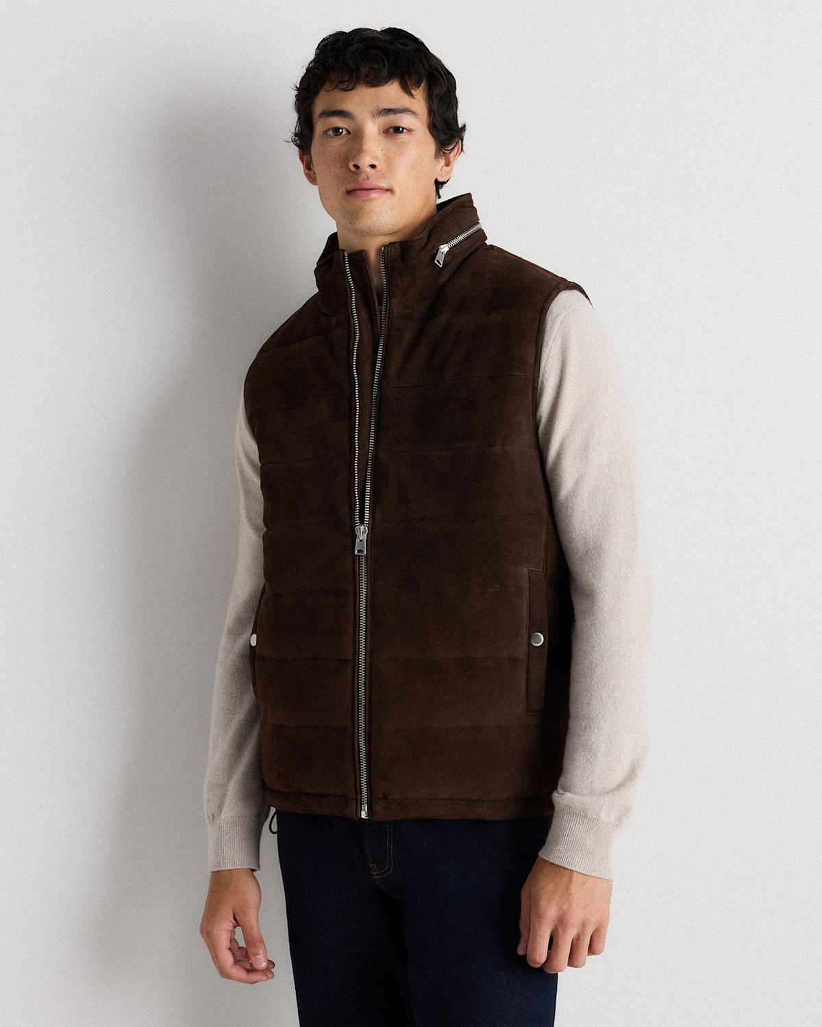 Quince 100% Suede Puffer Vest in Espresso Brown