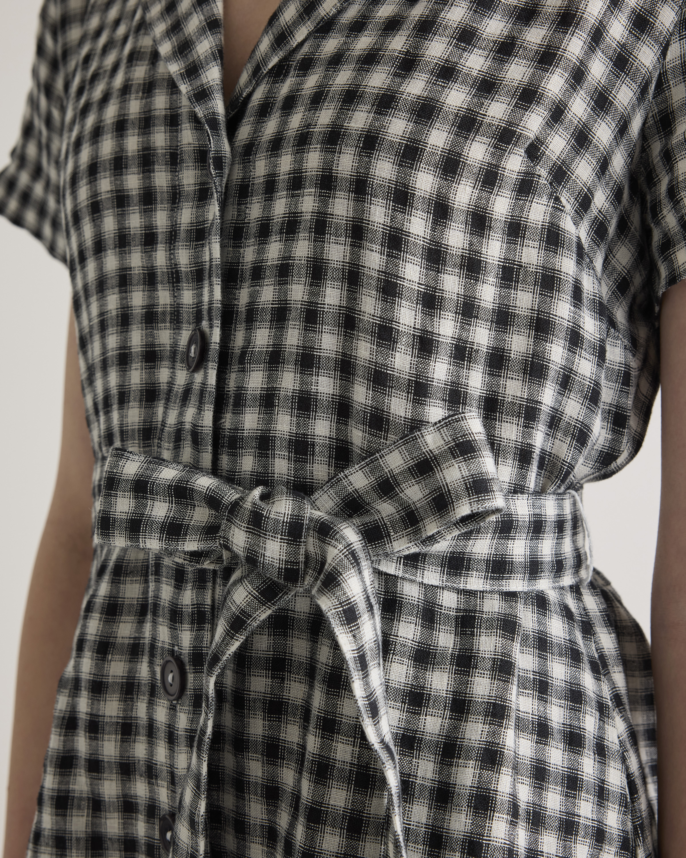 100% European Linen Button Front Dress in Khaki / Black Gingham