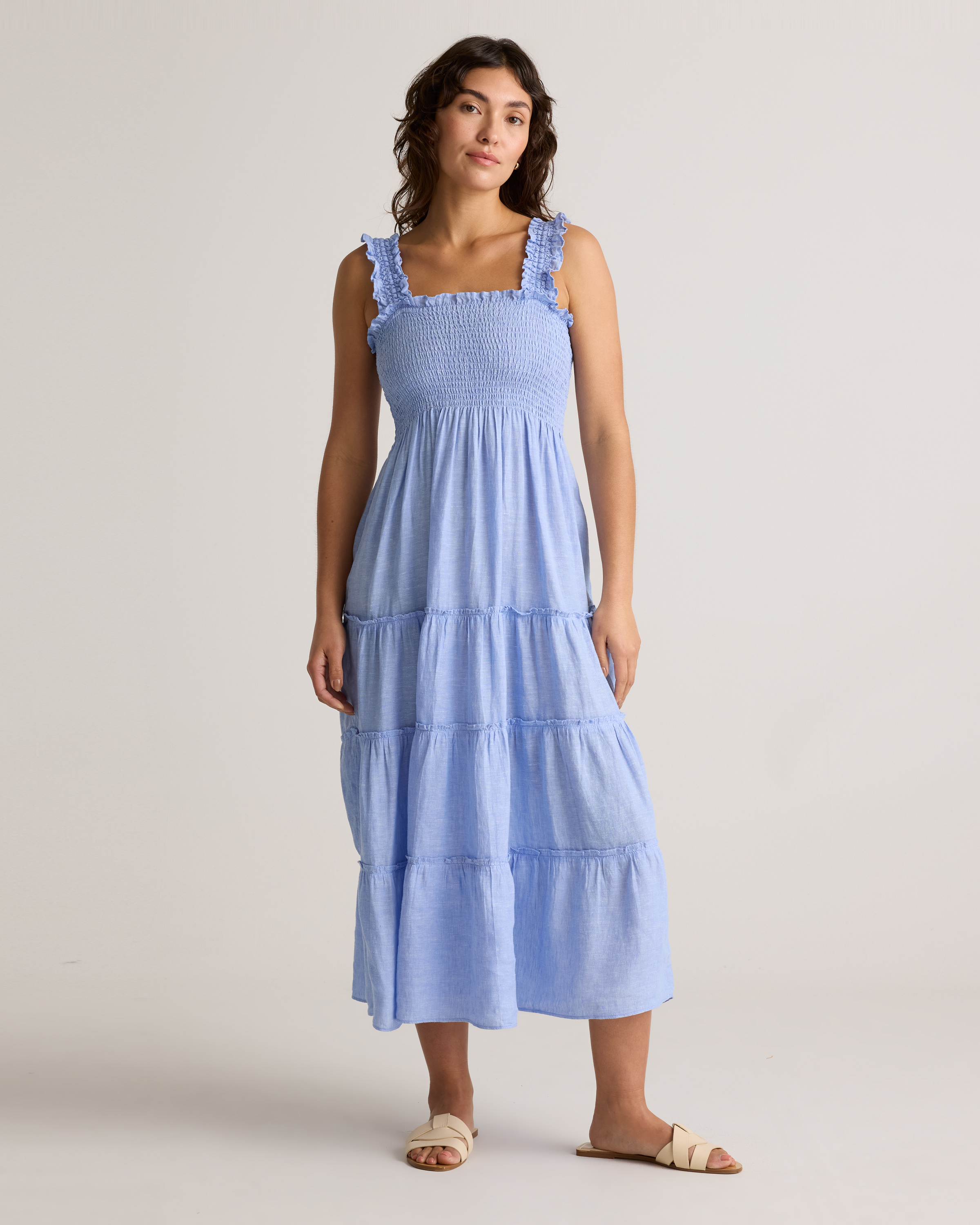 French Blue 100% European Linen Smocked Midi Dress