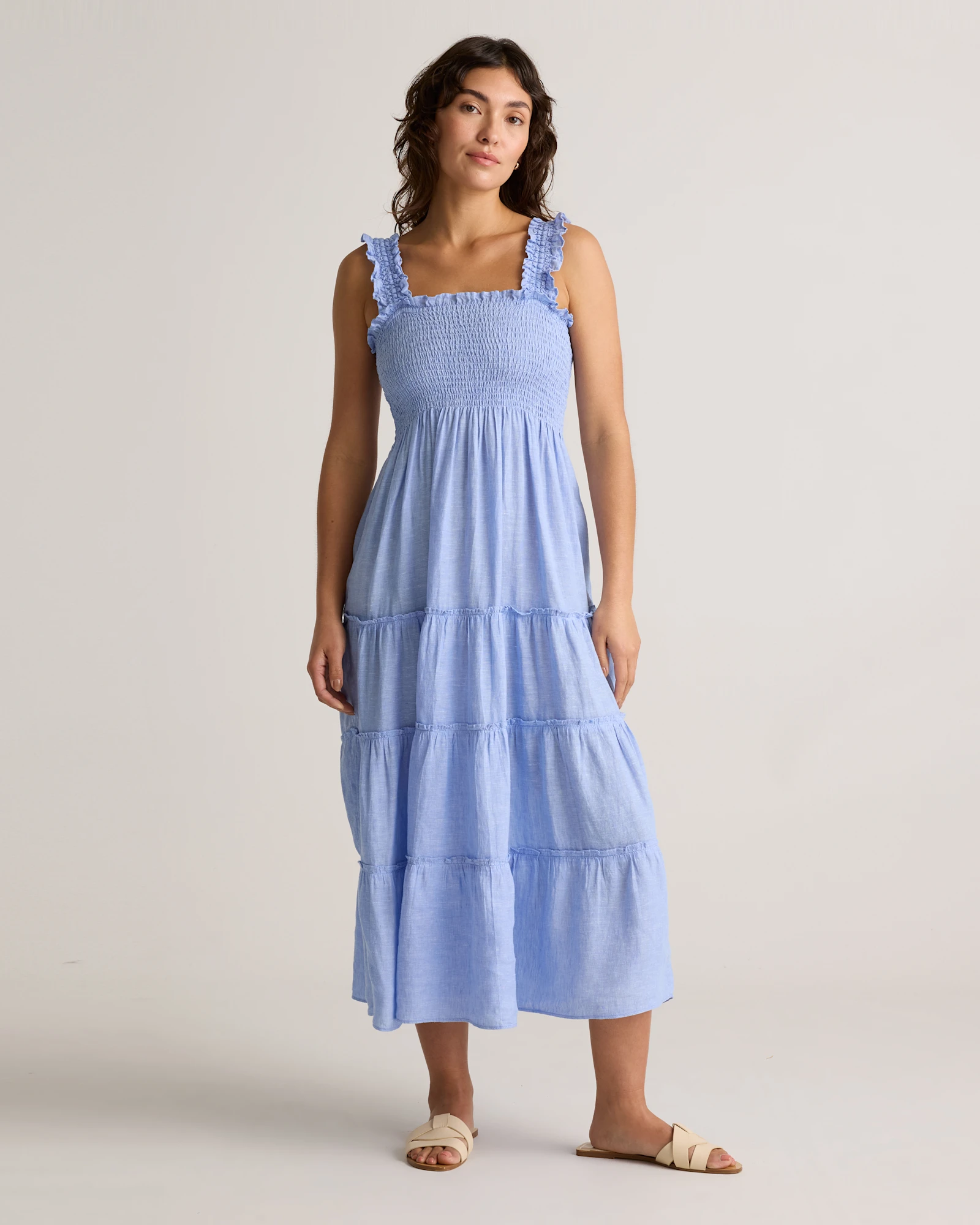 linen smocked midi dress 100% European Linen Smocked Midi Dress in Bayberry Olive