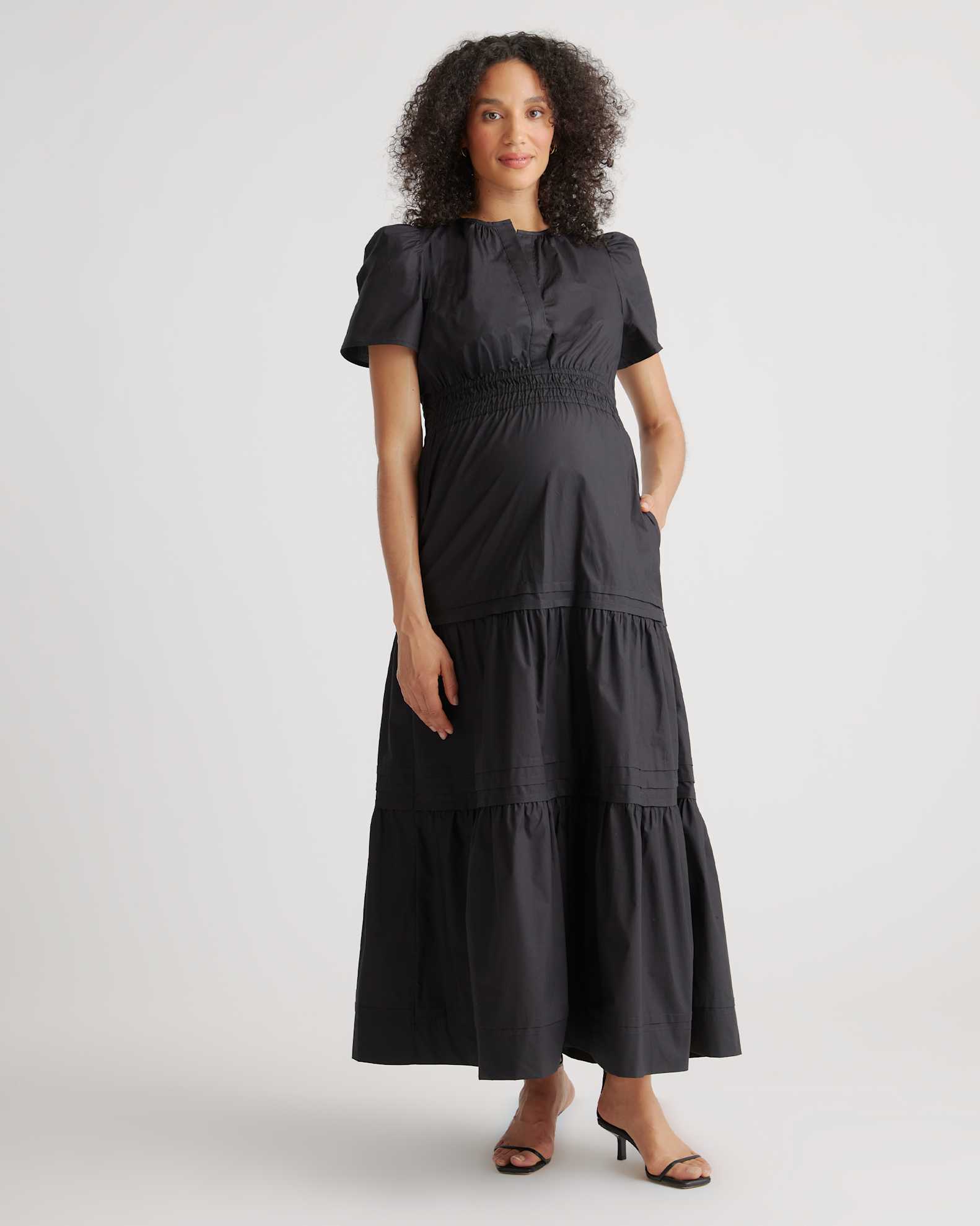 Women's Poplin Maternity Tiered Maxi Dress in Black, Size Medium, Organic Cotton by Quince Women's Poplin Maternity Tiered Maxi Dress in Black, Size Medium, Organic Cotton by Quince
