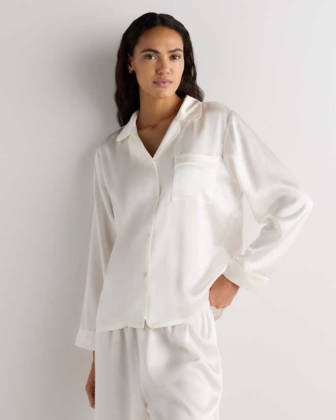Ivory 100% Washable Silk Satin Pajama Long Sleeve Top