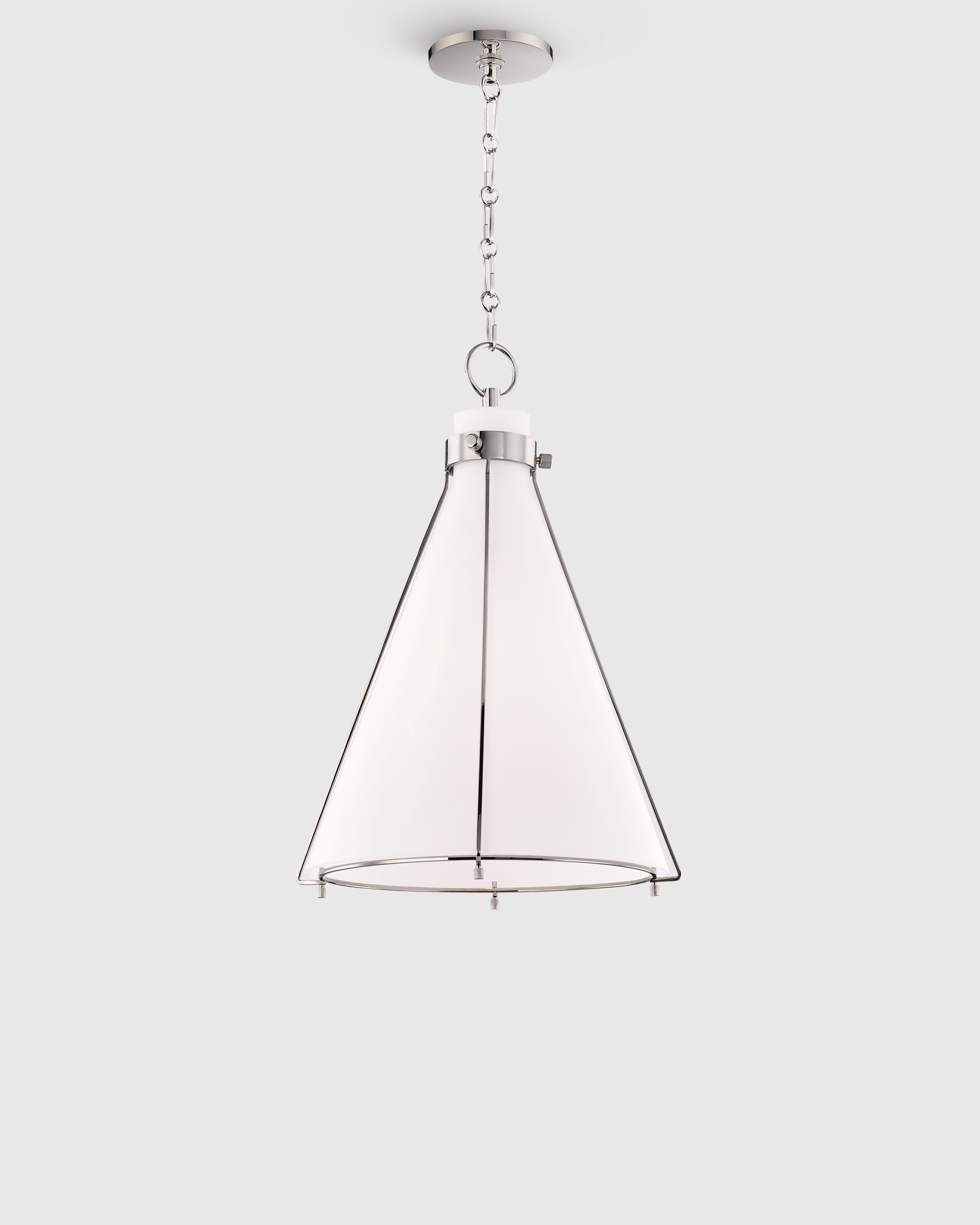Polished Nickel Iron and Opal Glass Conical Pendant Light
