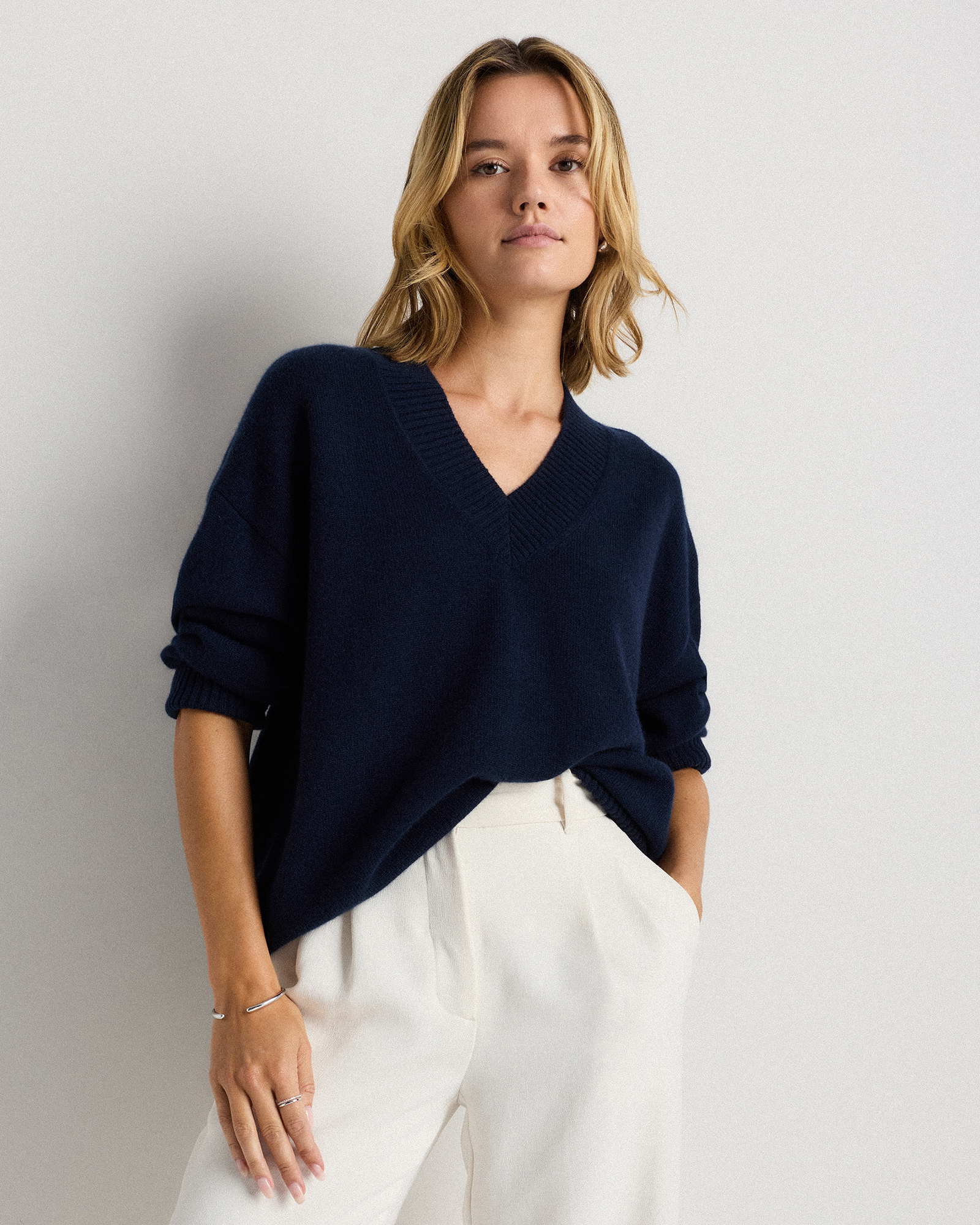 True Navy Mongolian Cashmere Oversized V-Neck Sweater