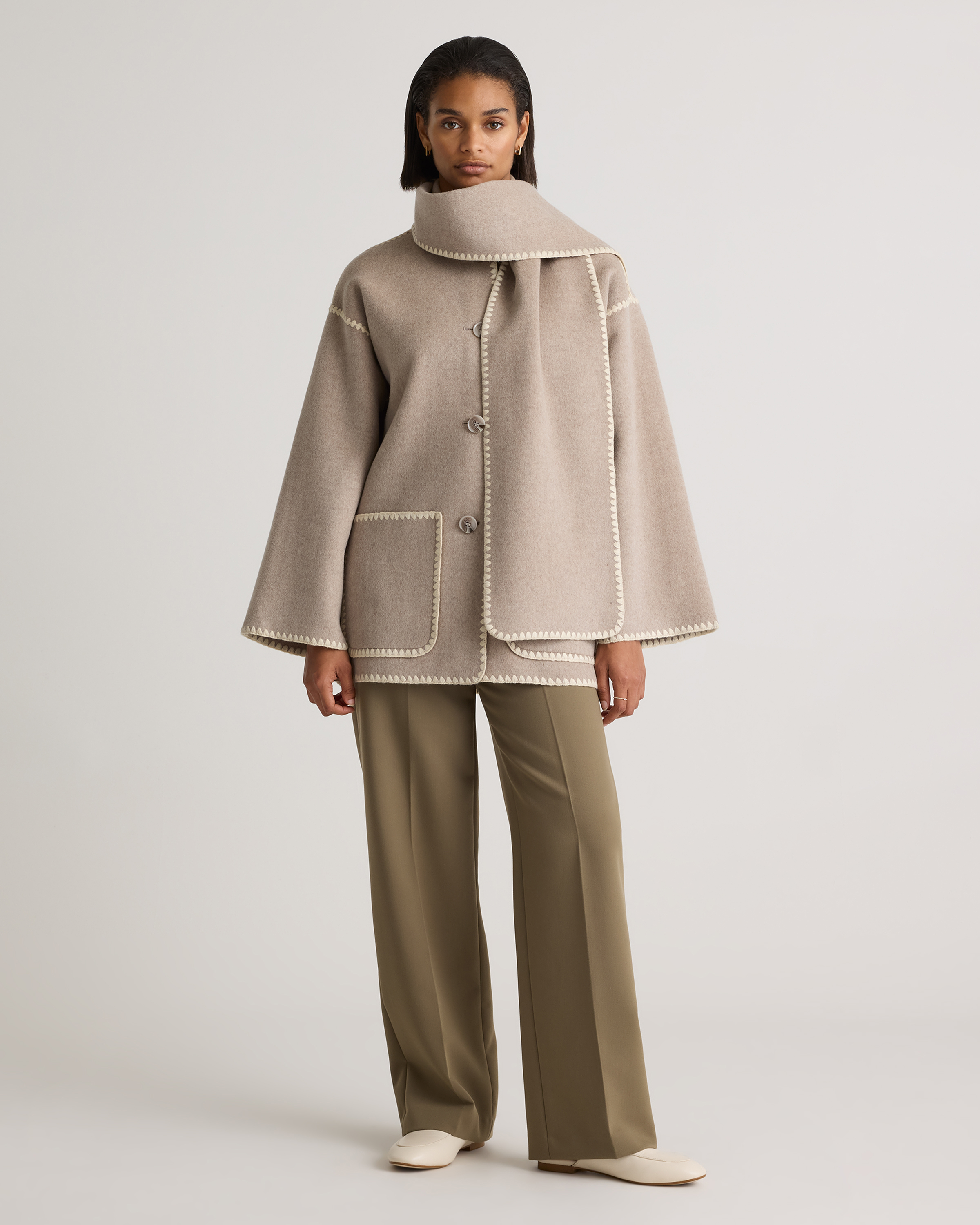 Double-Faced Merino Wool Scarf Coat in Oat