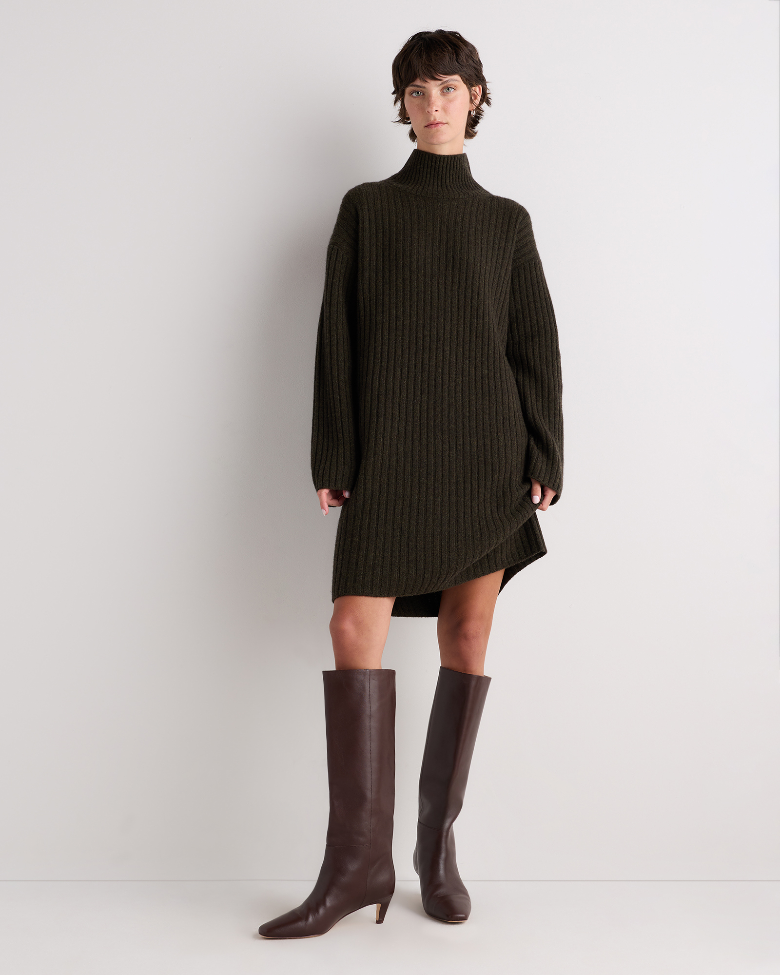 Olive Twist Mongolian Cashmere Ribbed Turtleneck Mini Dress