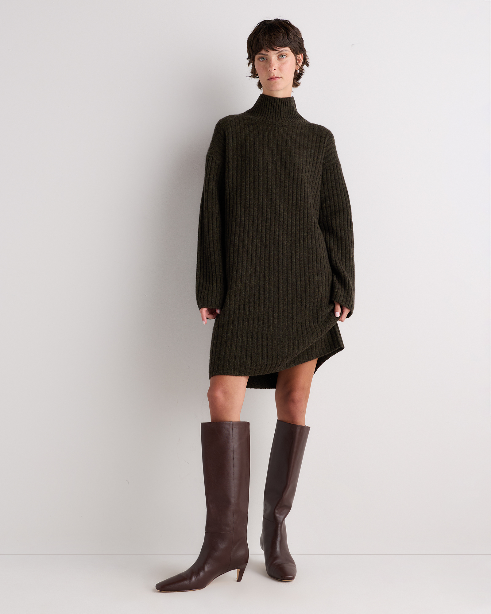 Olive Twist Mongolian Cashmere Ribbed Turtleneck Mini Dress