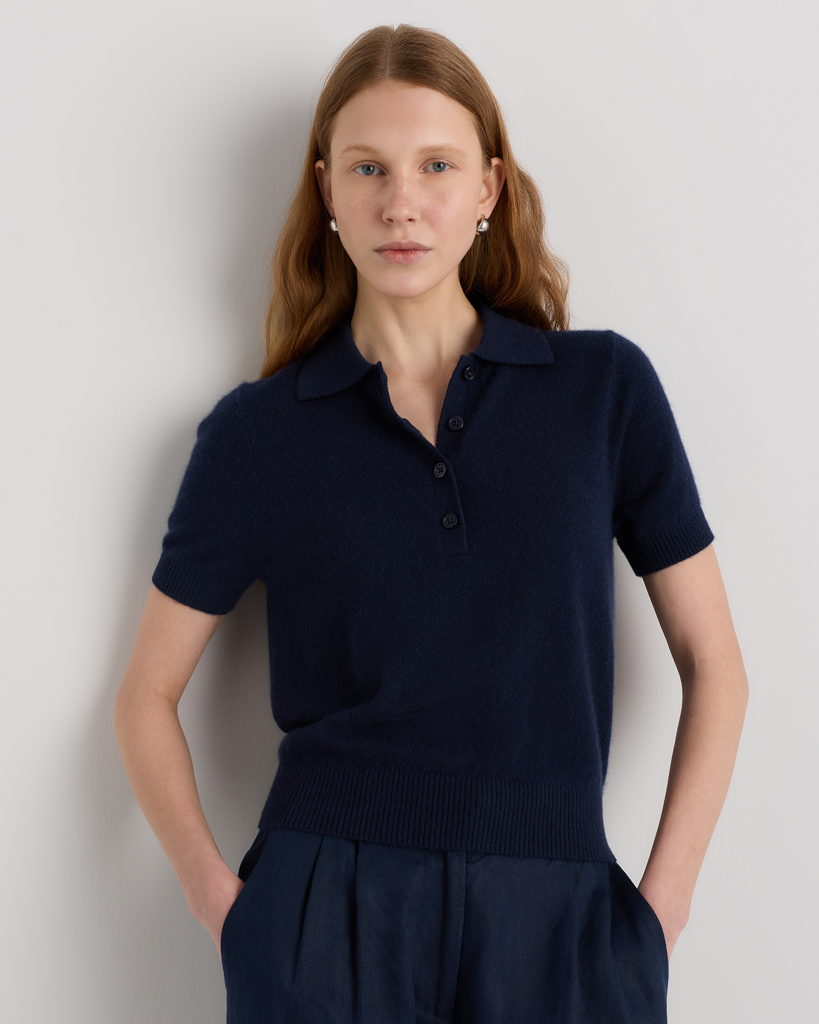 True Navy Mongolian Cashmere Short Sleeve Polo