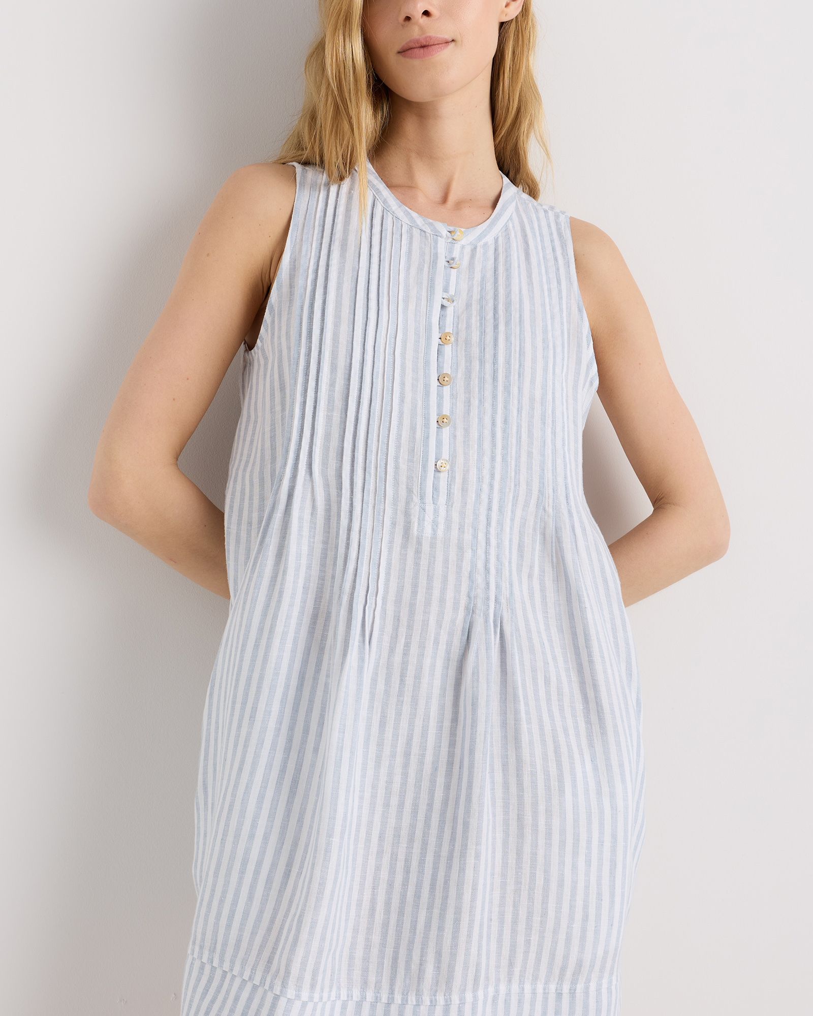 striped linen blend swing dress Women's 100% European Linen Sleeveless Swing Dress in Sky Blue Mariner Stripe, Size Medium by Quince
