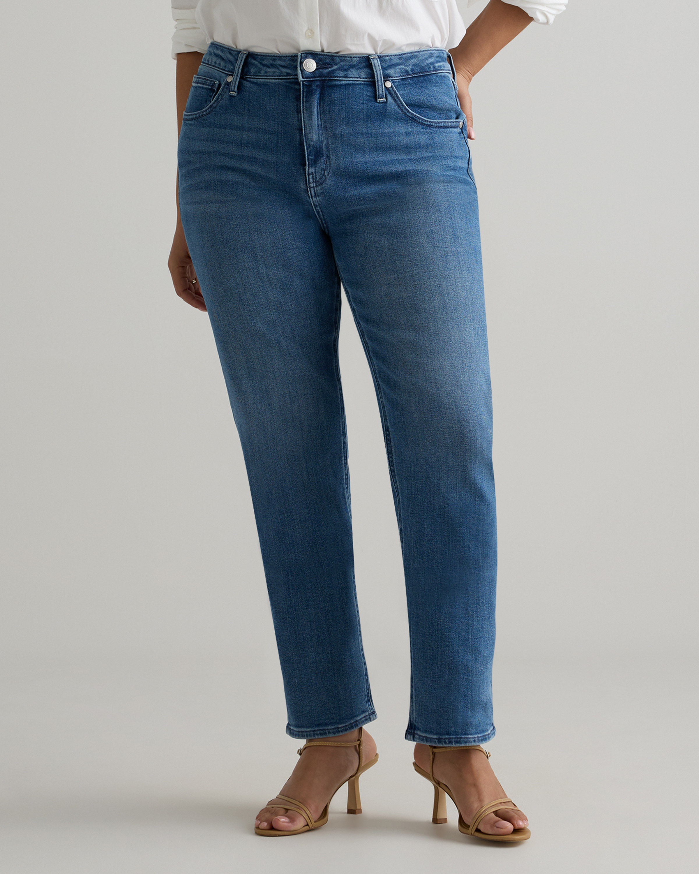 Quince | Women's Luna Stretch Slim Straight Jeans in Seaside Blue, Size 25, Organic Cotton