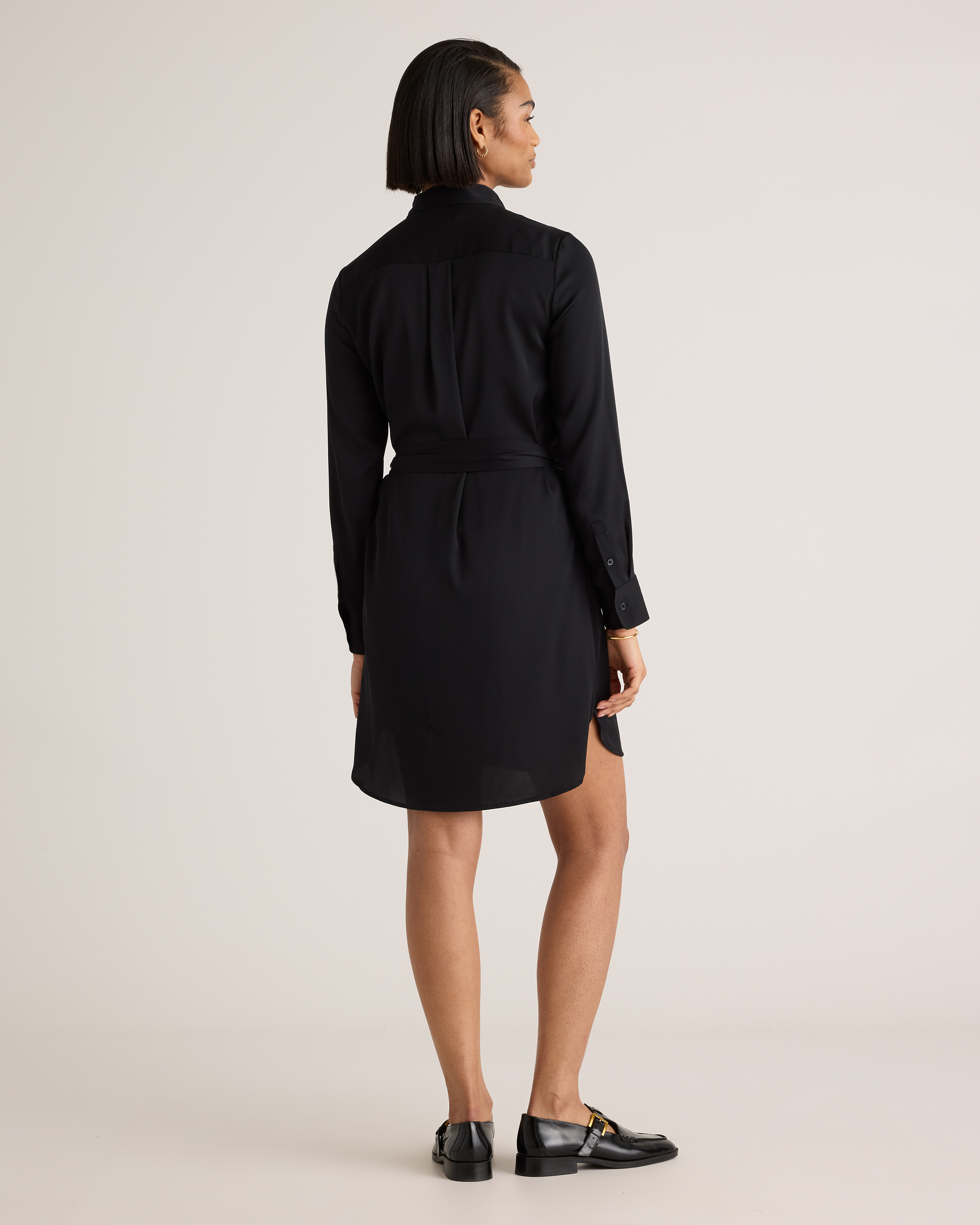 Washable Stretch Silk Shirt Dress in Navy