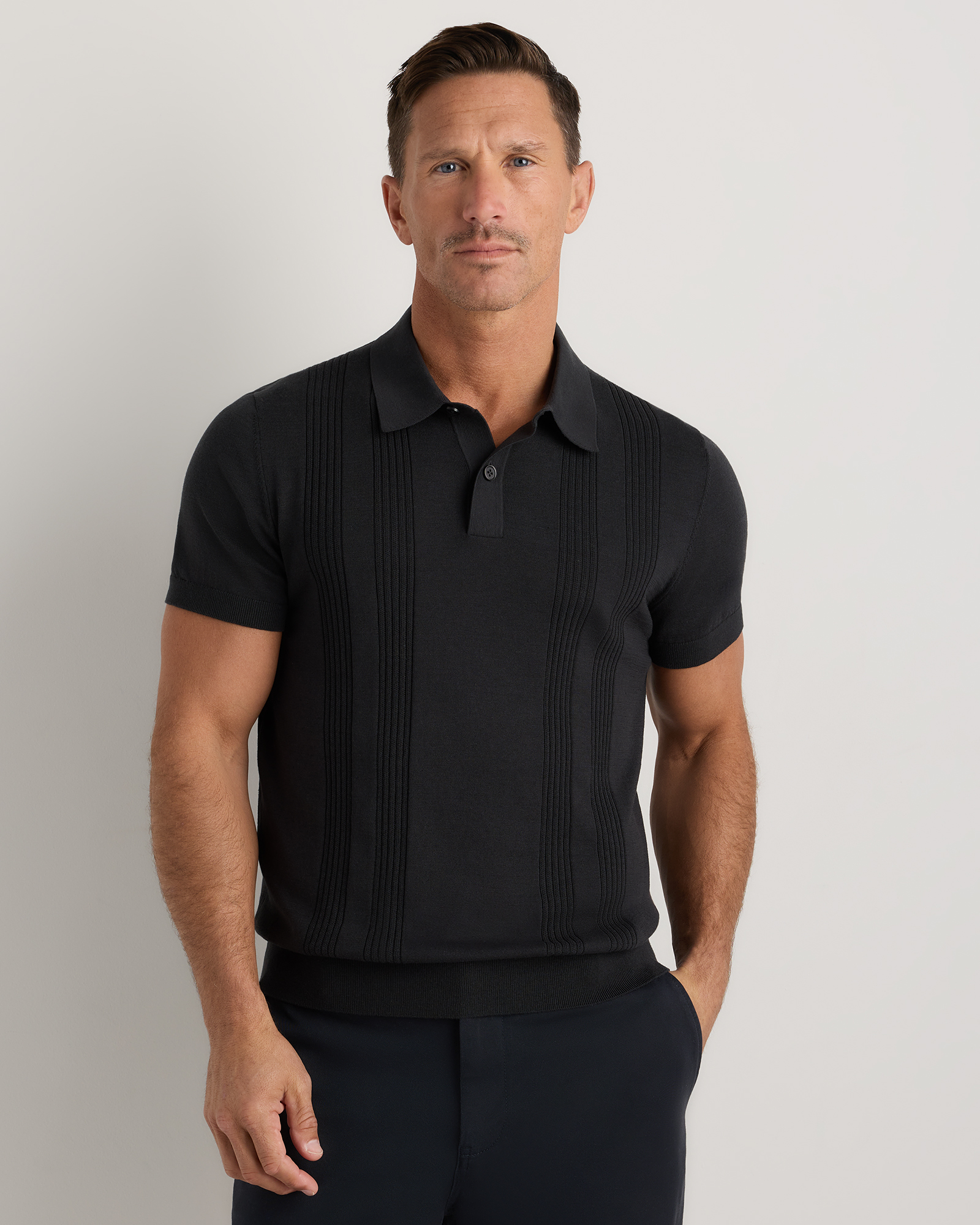 Black Cotton-Silk Ribbed Short Sleeve Sweater Polo