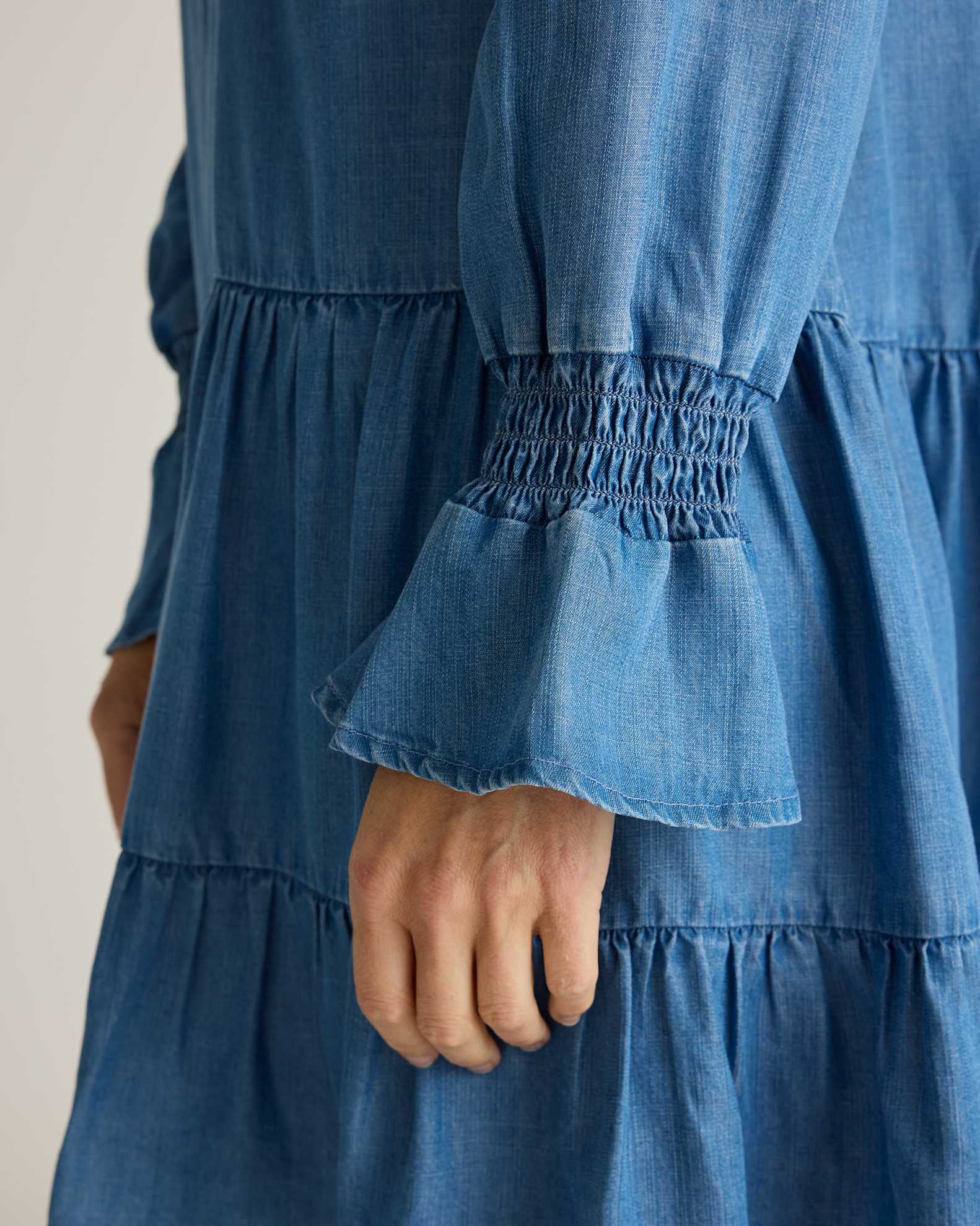 Chambray Tencel Tiered Long Sleeve Mini Dress Chambray Tencel Tiered Long Sleeve Mini Dress
