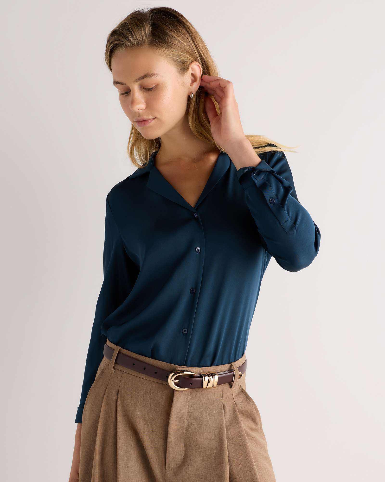 Stratus Blue Washable Stretch Silk Notch Collar Blouse
