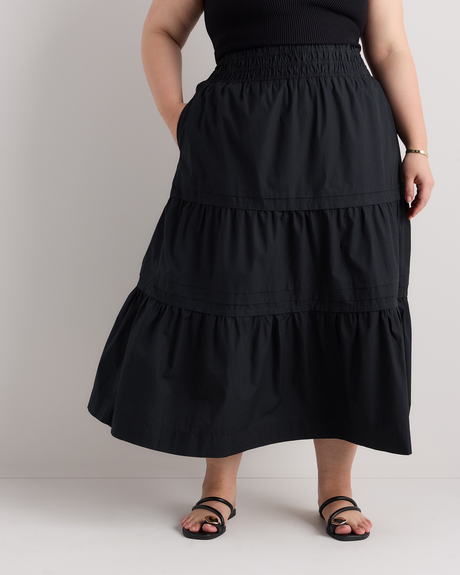Black 100% Organic Cotton Poplin Tiered Maxi Skirt