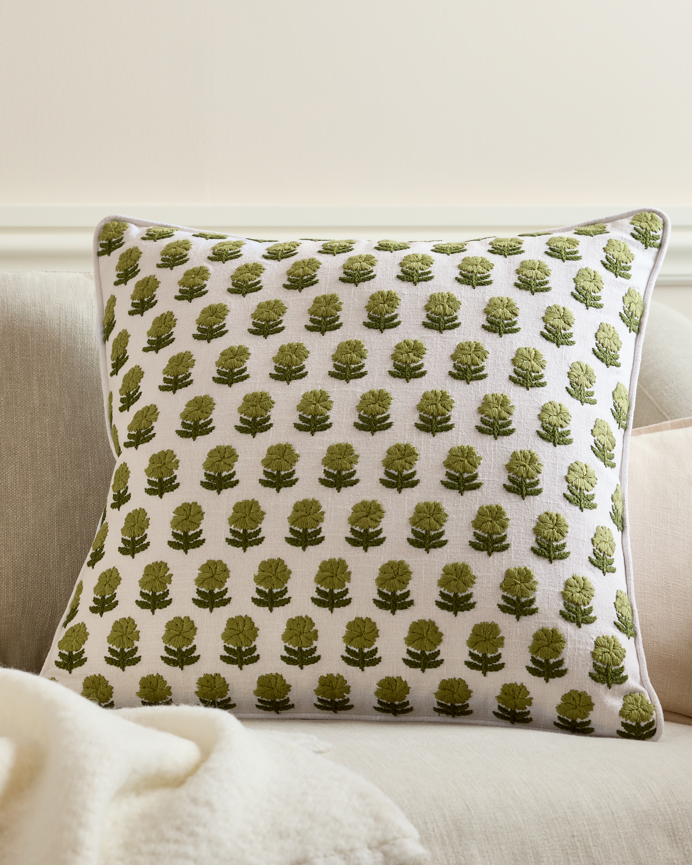 Green Embroidered Floral Cotton Pillow Cover