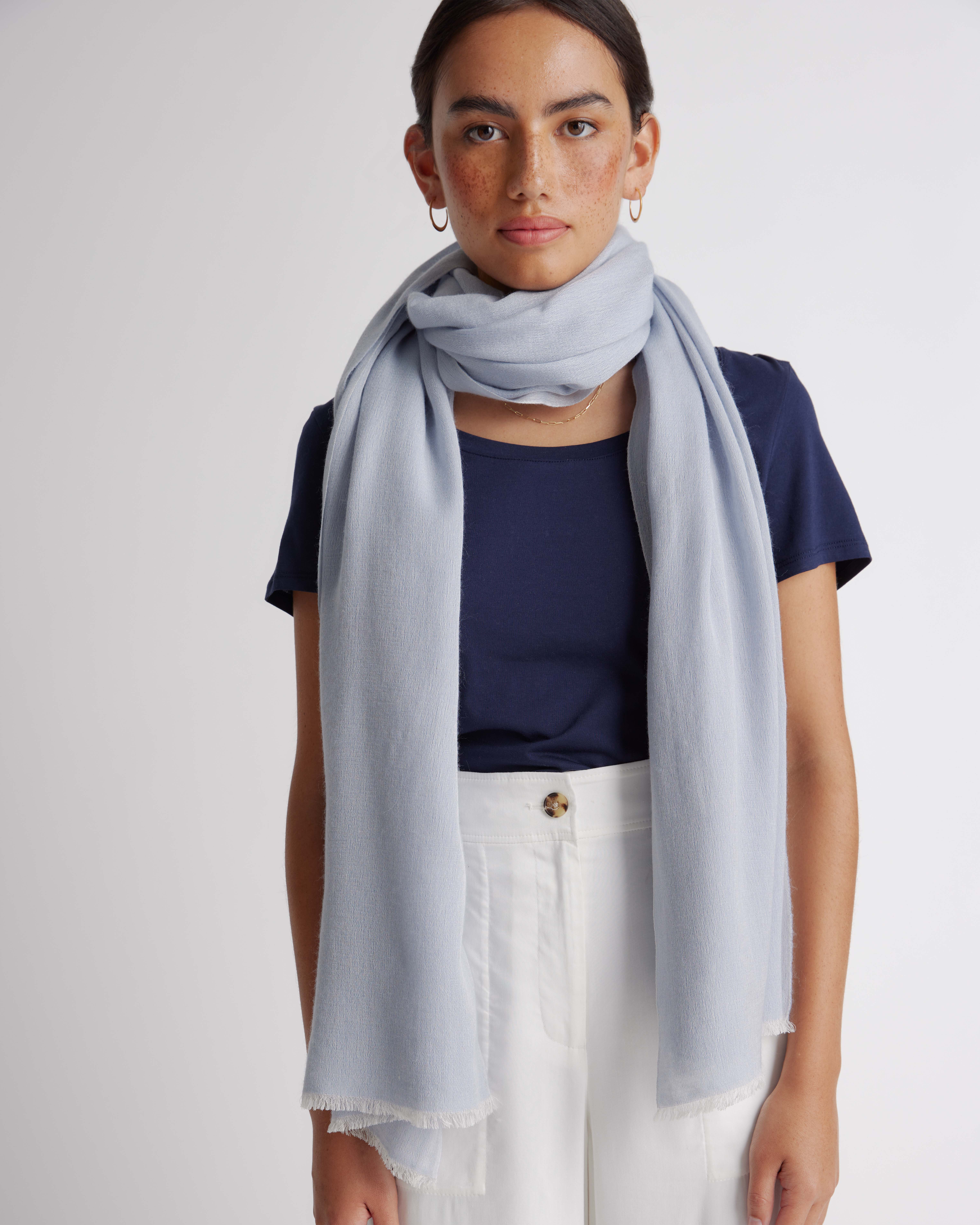 Featherweight Cashmere Silk Frayed Edge Scarf in Light Blue