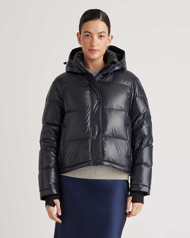 Shiny Black Responsible Down Cropped Puffer Jacket