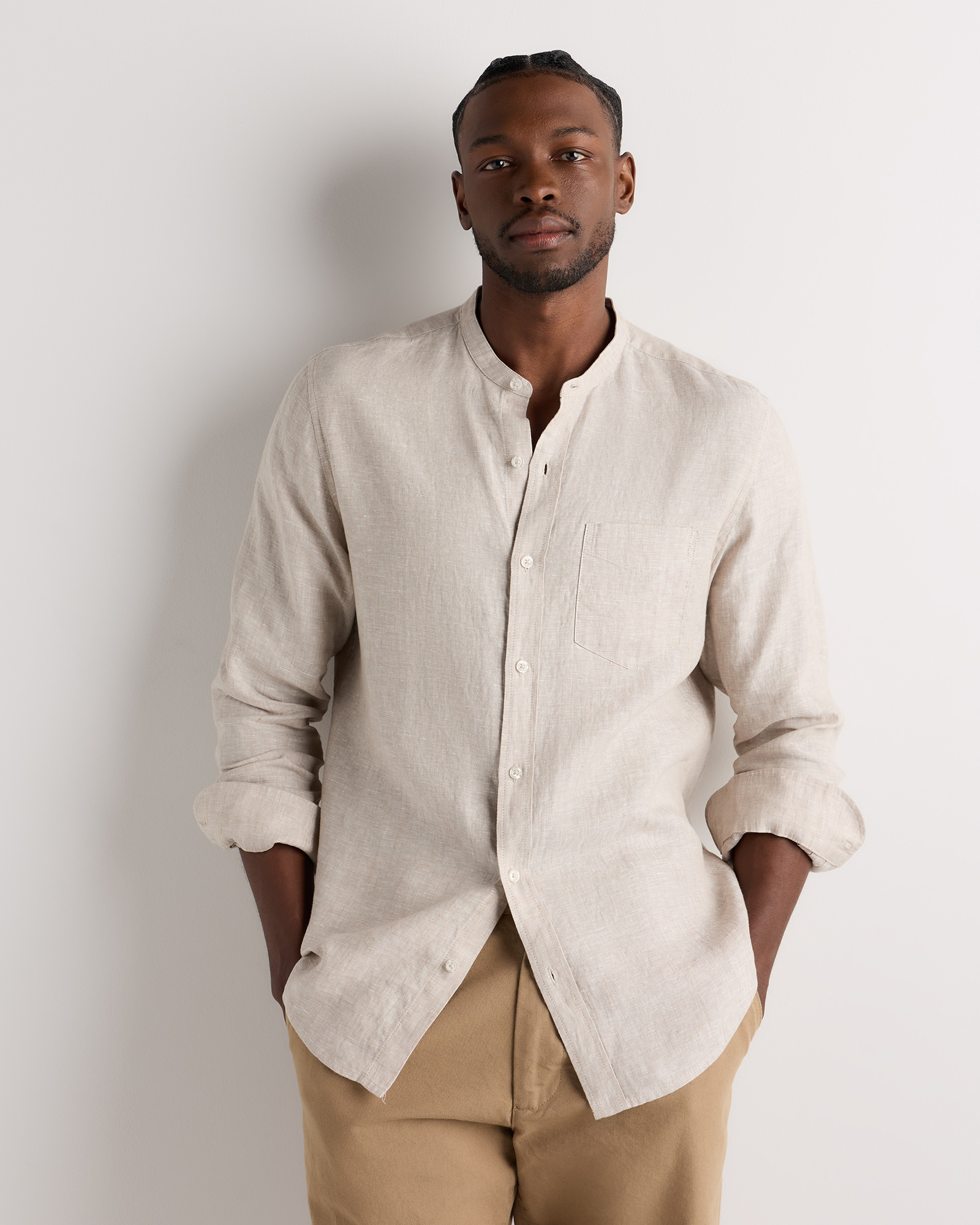 Flax 100% European Linen Relaxed Band Collar Shirt