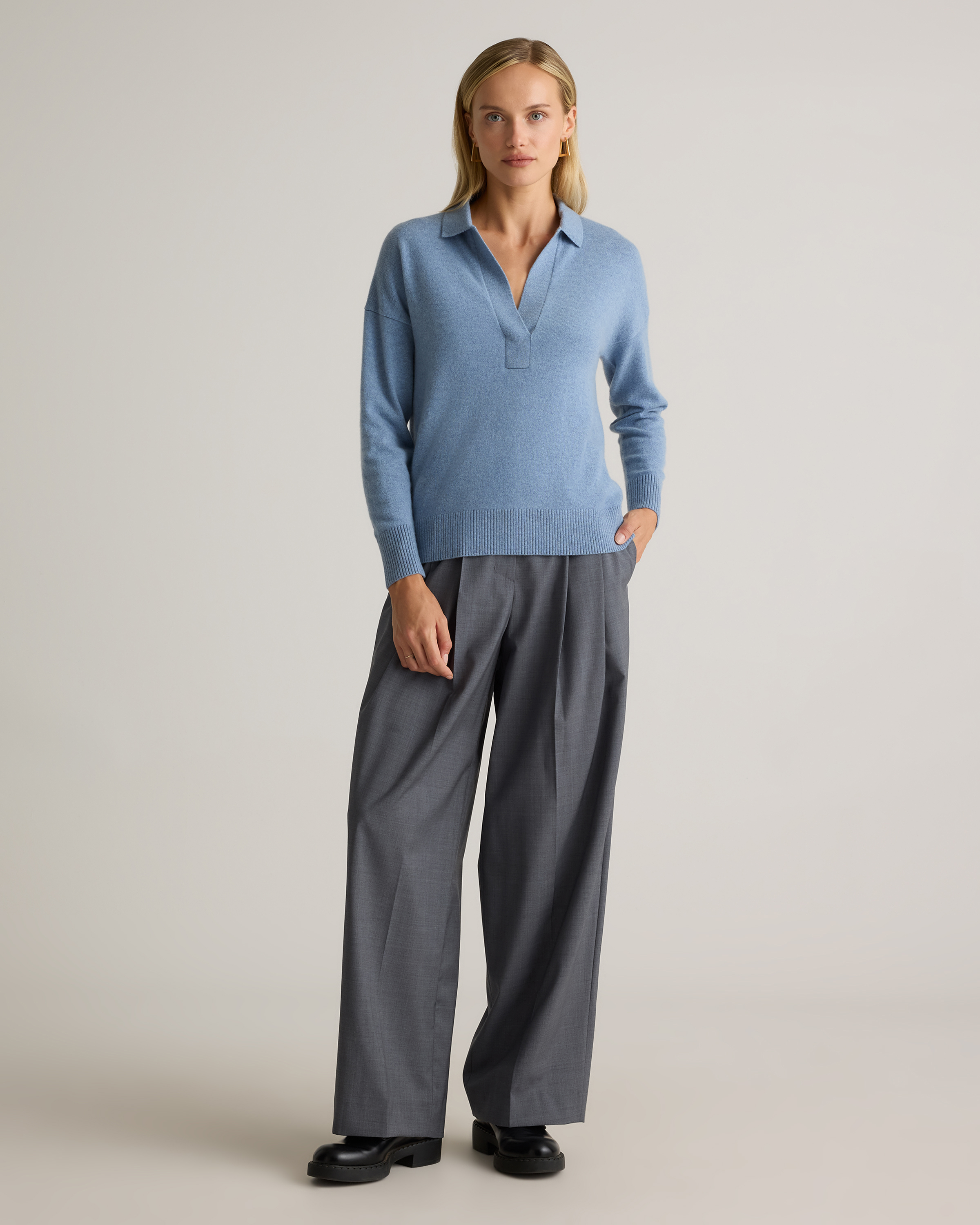 Women's Mongolian Cashmere Polo Sweater in Faded Denim | Quince Canada