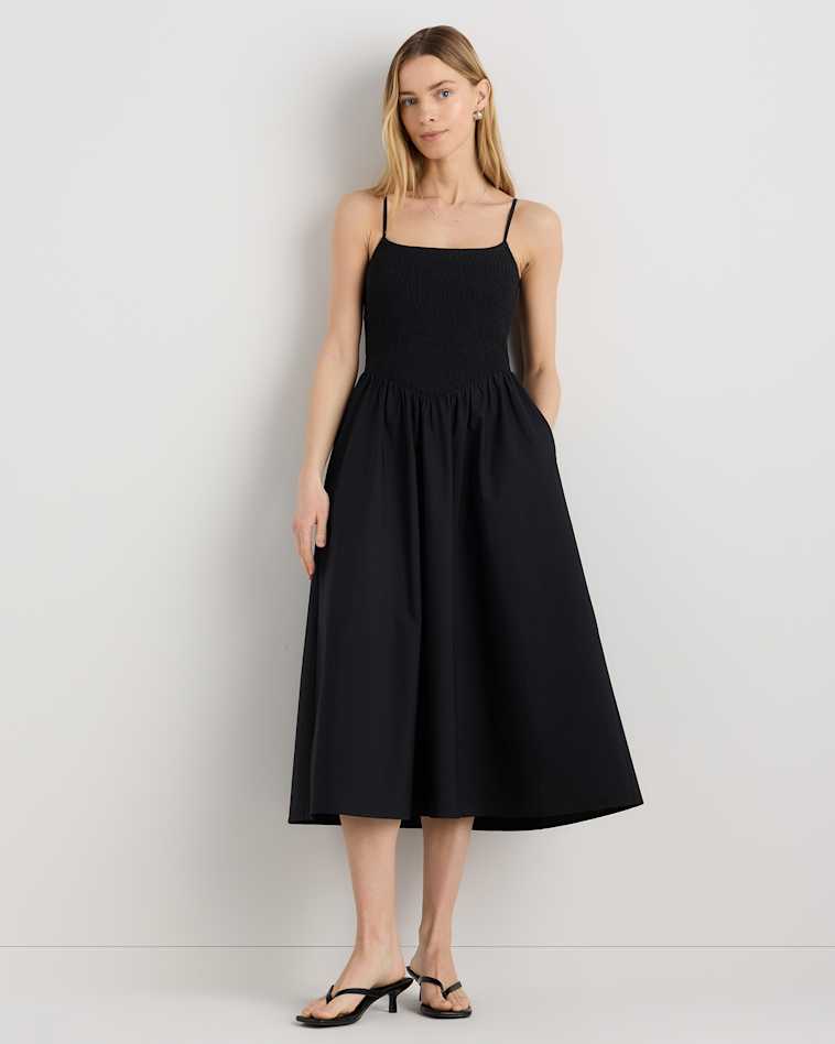 Quince Women's Poplin Smocked Midi Dress in Black, Size Small - 100% Organic Cotton, A-Line Cut, Ruffle Detailing Quince Women's Poplin Smocked Midi Dress in Black, Size Small - 100% Organic Cotton, A-Line Cut, Ruffle Detailing