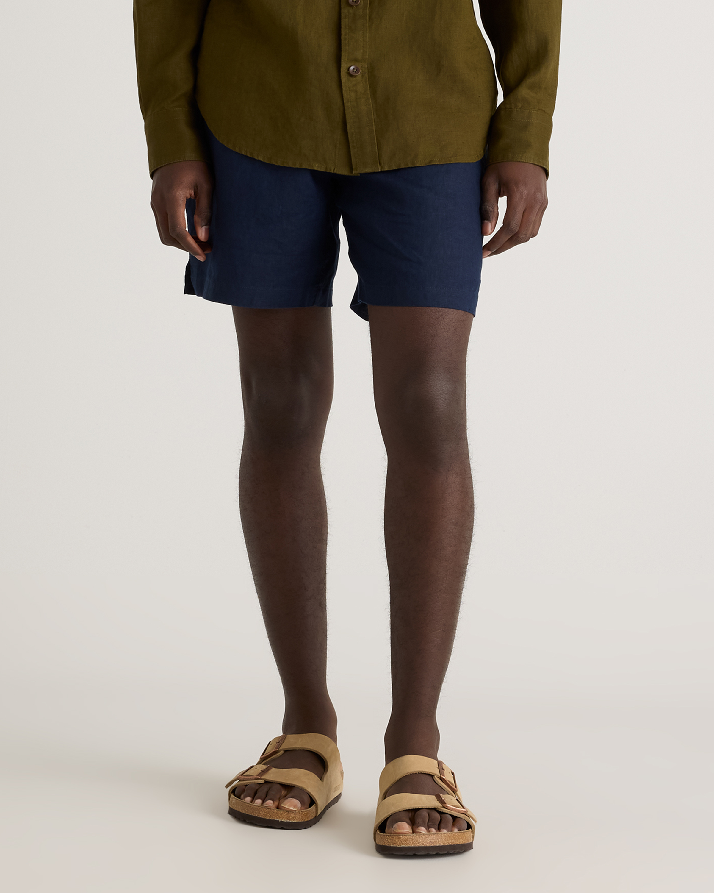 Deep Navy 100% European Linen Drawstring Beach Shorts - 7"