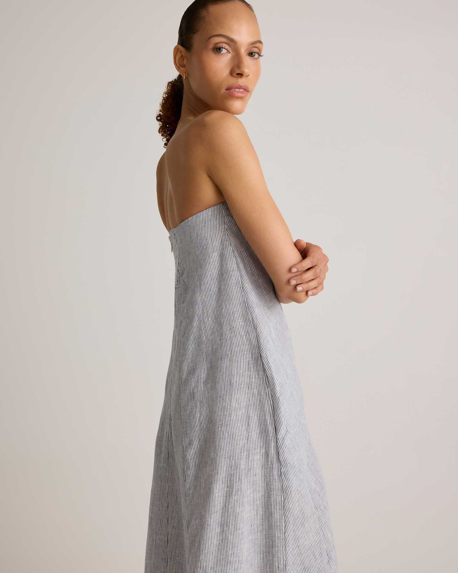 Women's 100% European Linen Strapless Maxi Dress in Blue Pinstripe, Size Small by Quince Women's 100% European Linen Strapless Maxi Dress in Blue Pinstripe, Size Small by Quince