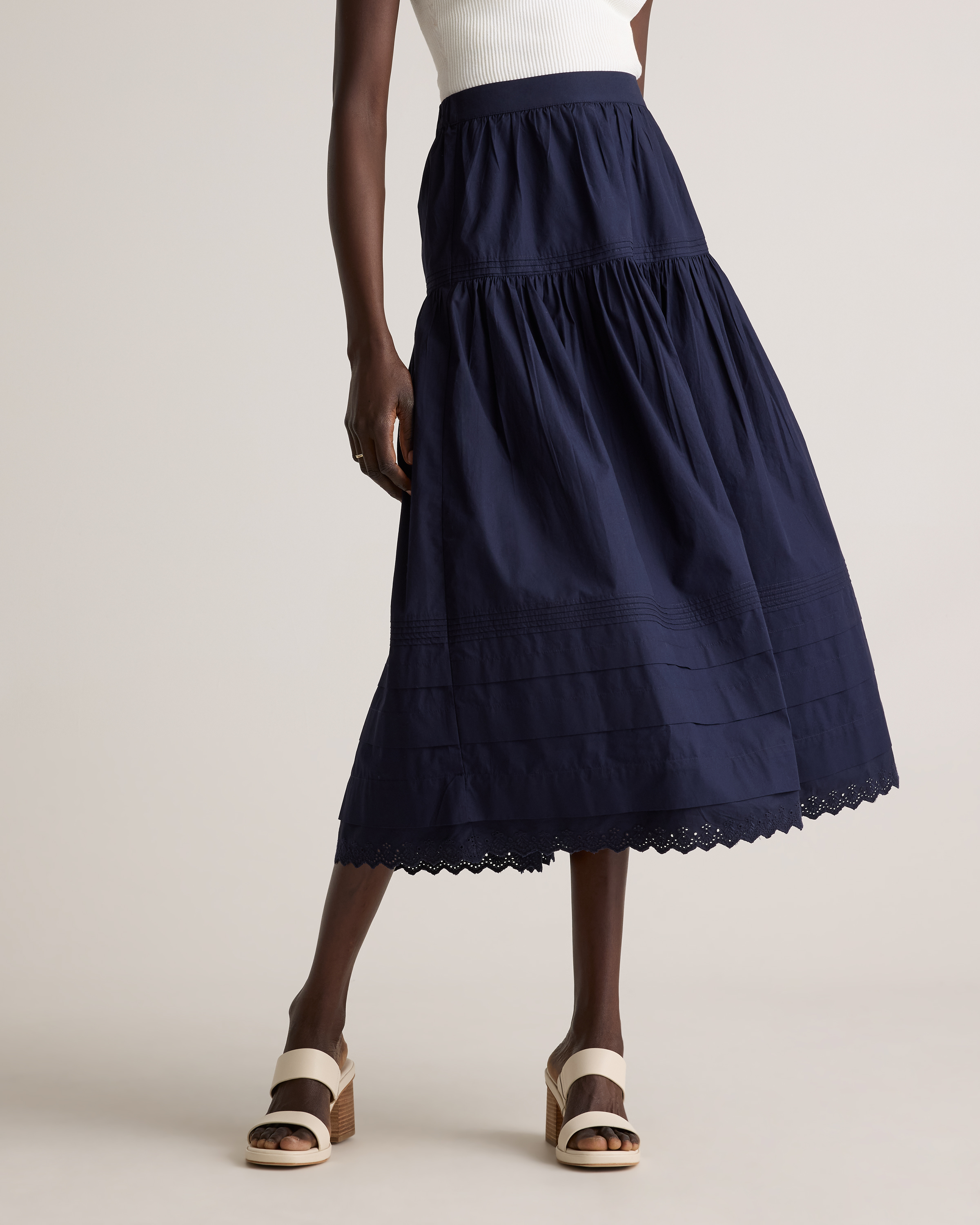 100% Organic Cotton Poplin Pintuck Maxi Skirt in Navy