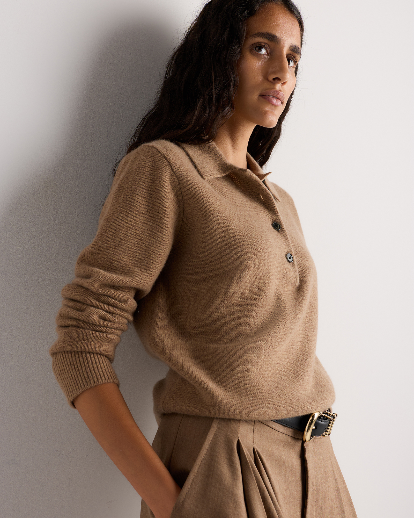Mongolian Cashmere Button Polo Sweater in Teak