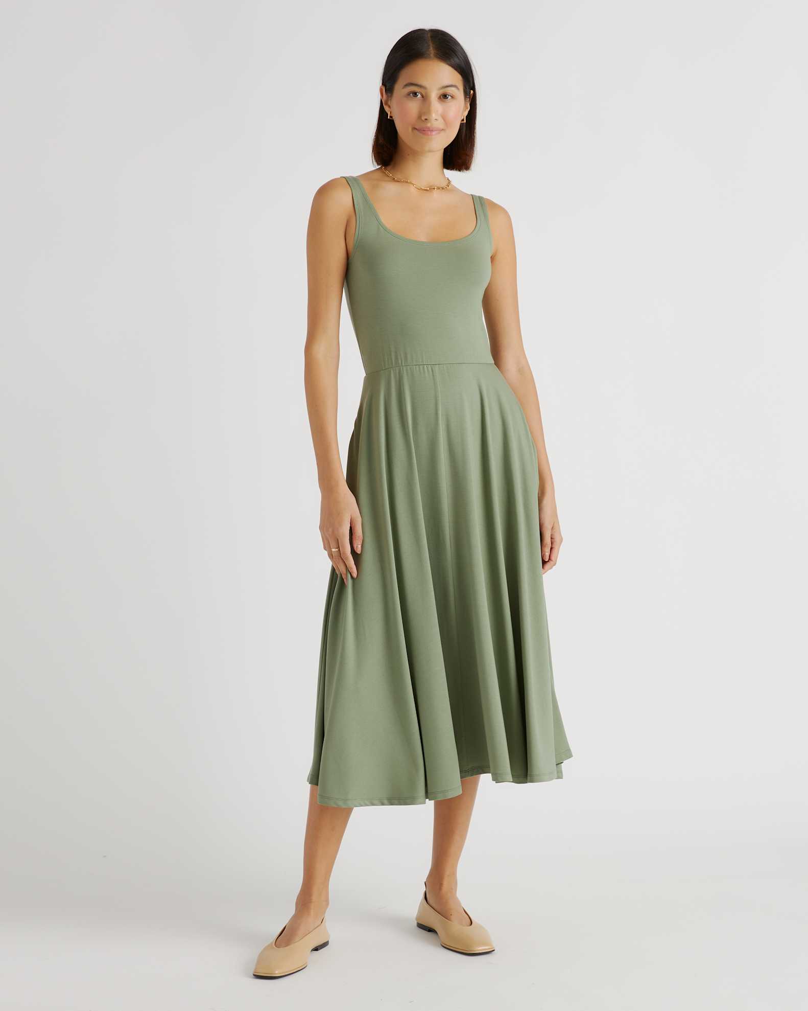 Quince Women's Tencel Jersey Fit & Flare Dress, Sage Green, Size XS - Sleeveless, Scoop Neck, Side-Seam Pockets Quince Women's Tencel Jersey Fit & Flare Dress, Sage Green, Size XS - Sleeveless, Scoop Neck, Side-Seam Pockets