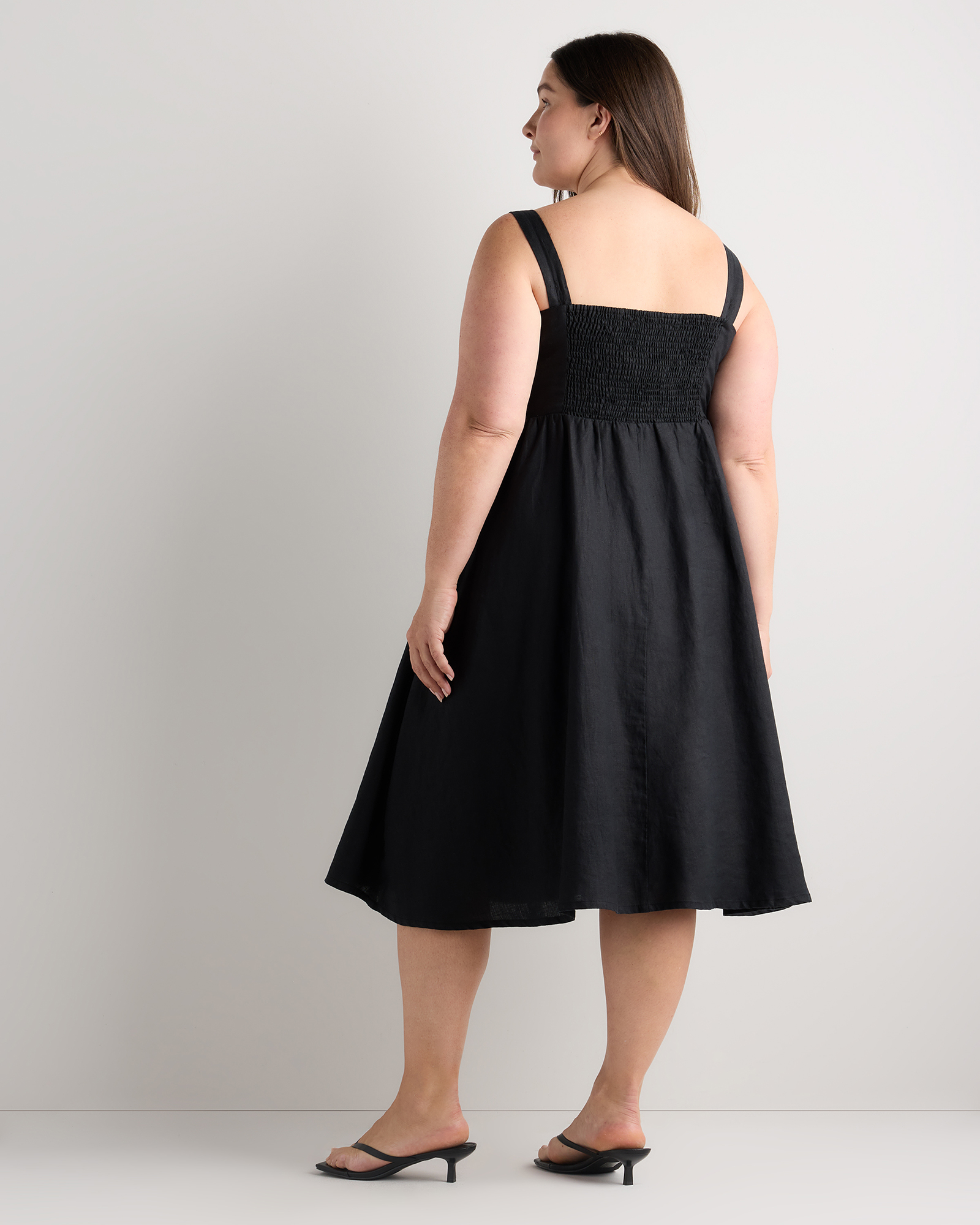 100% European Linen Fit & Flare Midi Dress in Black