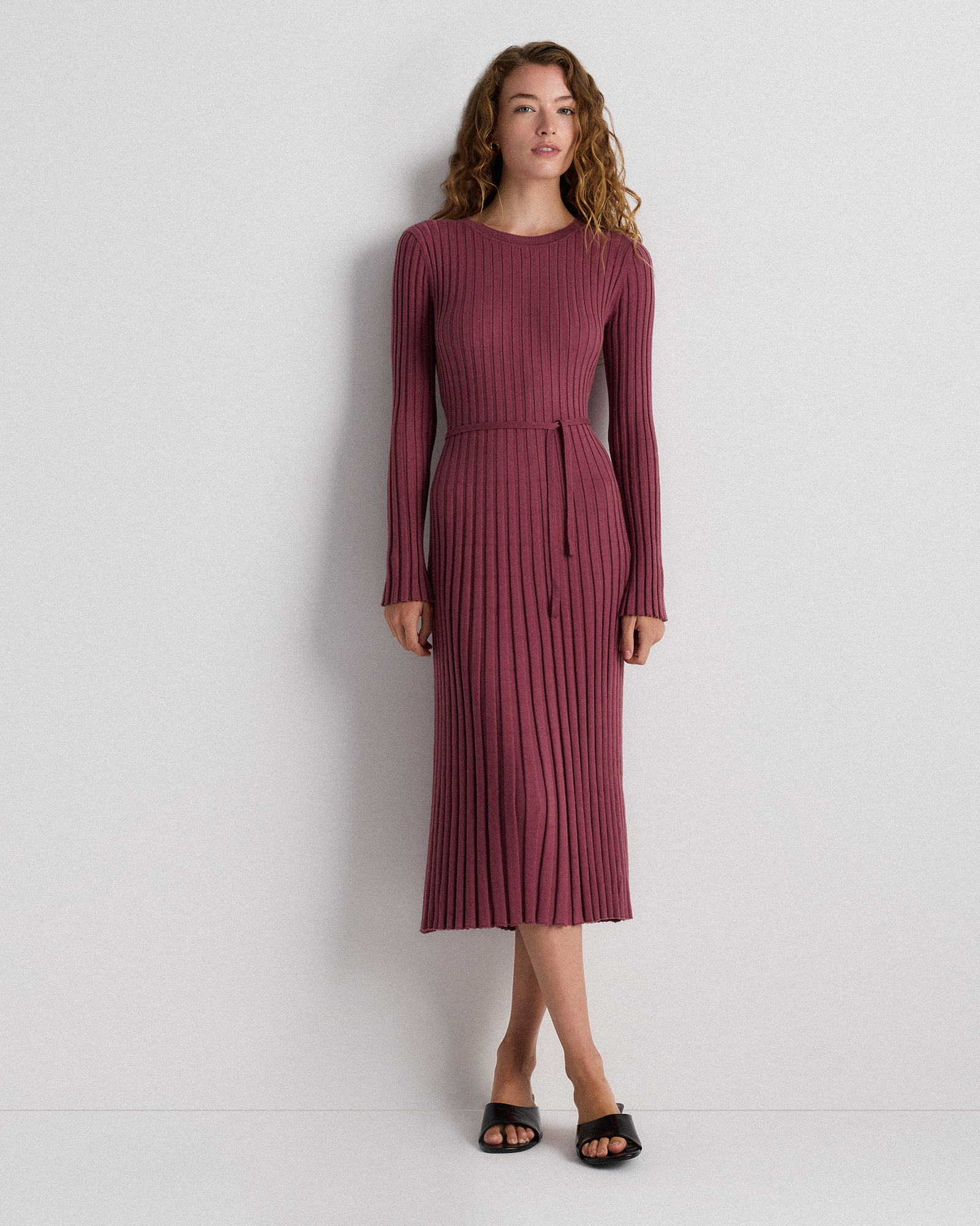 Crushed Berry Purple Cotton Cashmere Ribbed Long Sleeve Crew Midi Dress