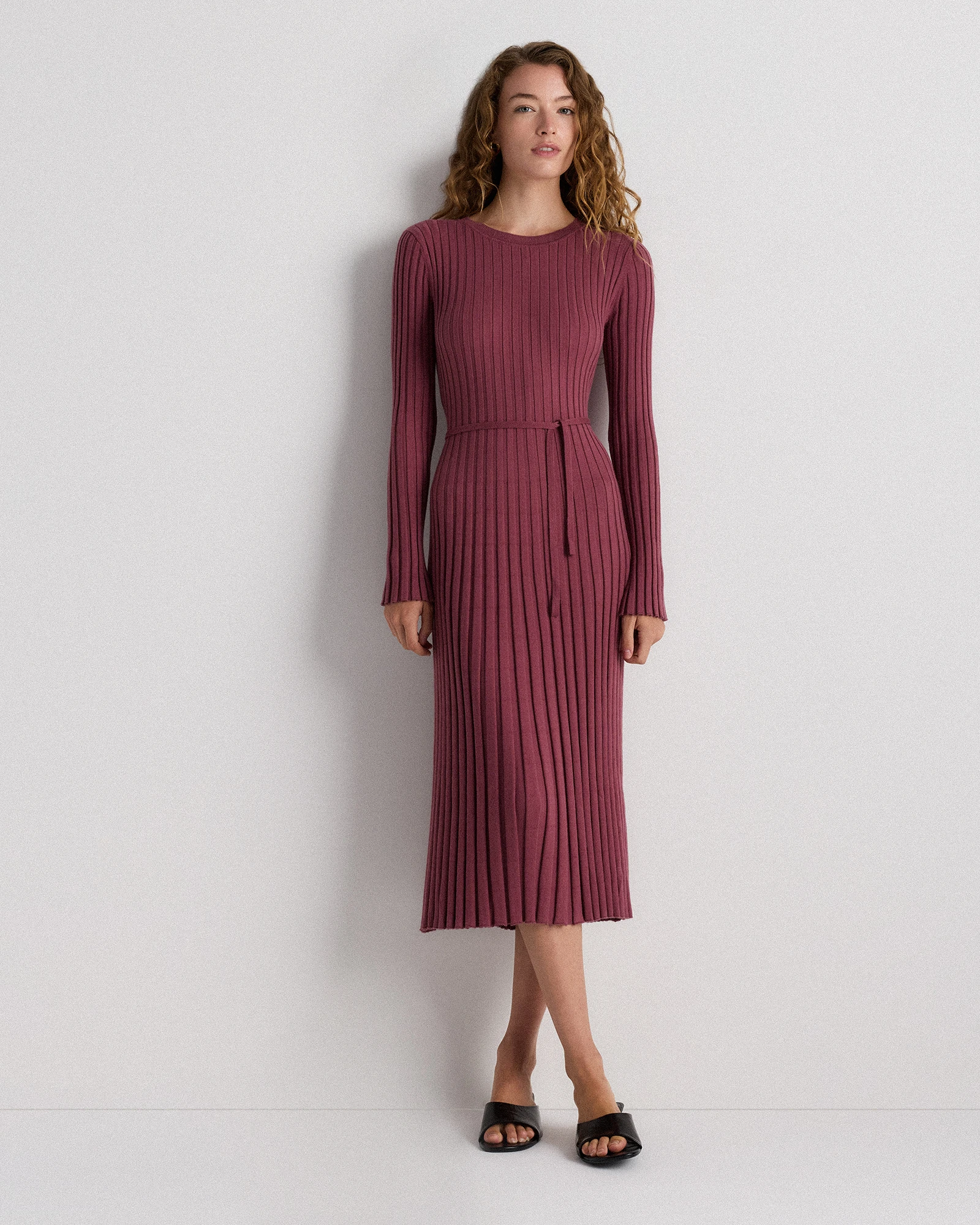 quince cotton cashmere ribbed long sleeve crew midi dress Cotton Cashmere Ribbed Long Sleeve Crew Midi Dress