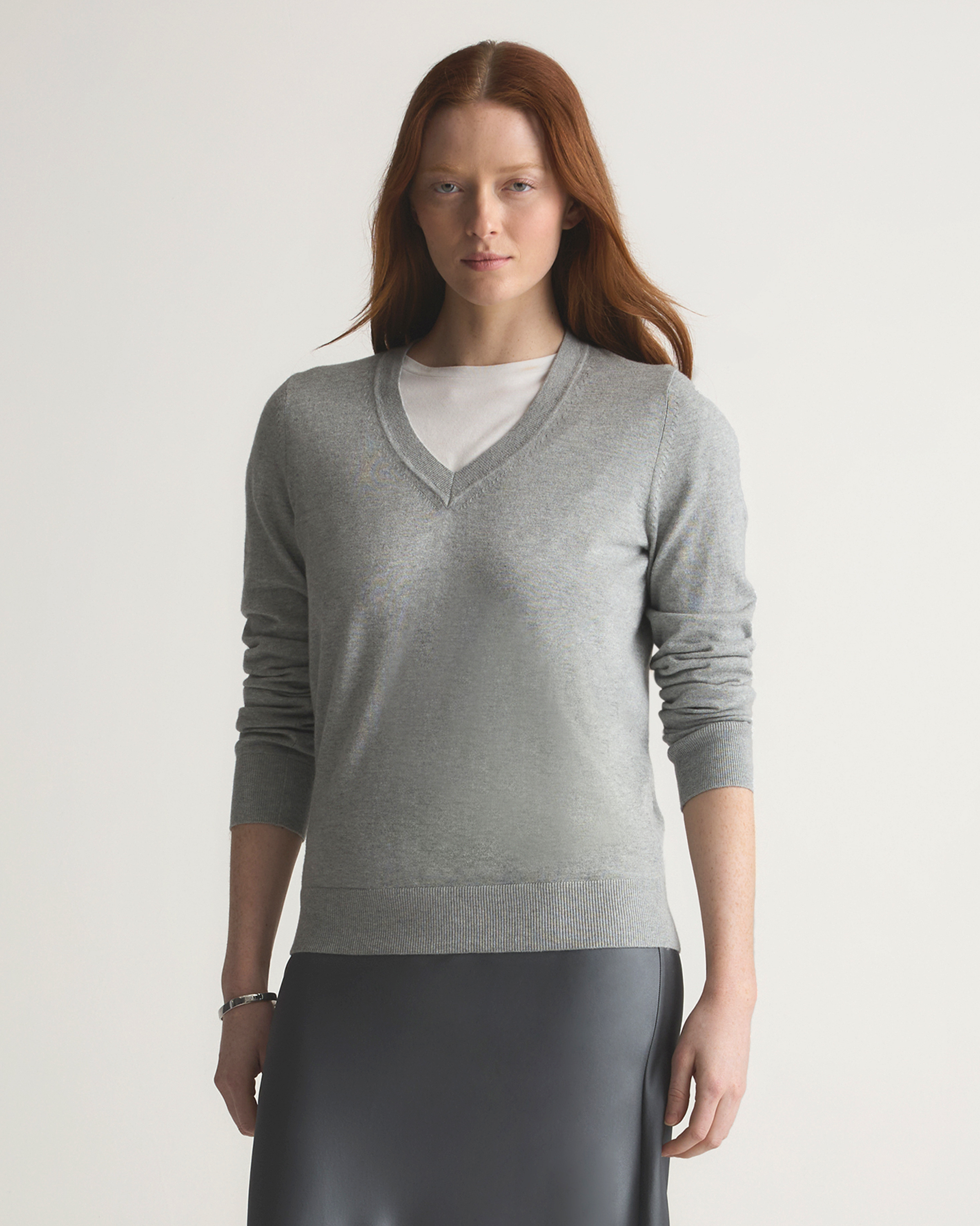 Heather Grey Lightweight Cotton Cashmere V-Neck Sweater