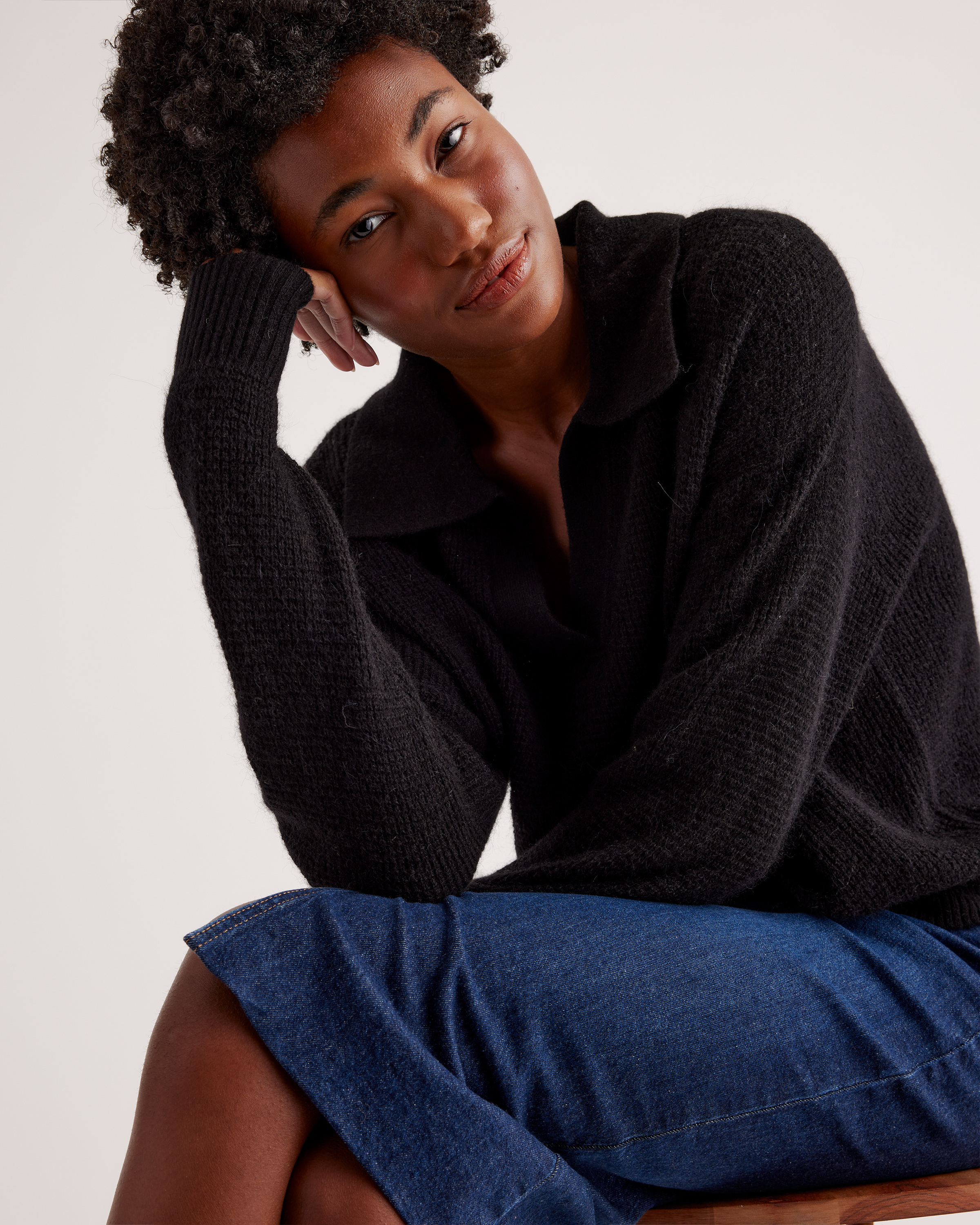 Baby Alpaca-Wool Waffle Stitch Polo Sweater in Black