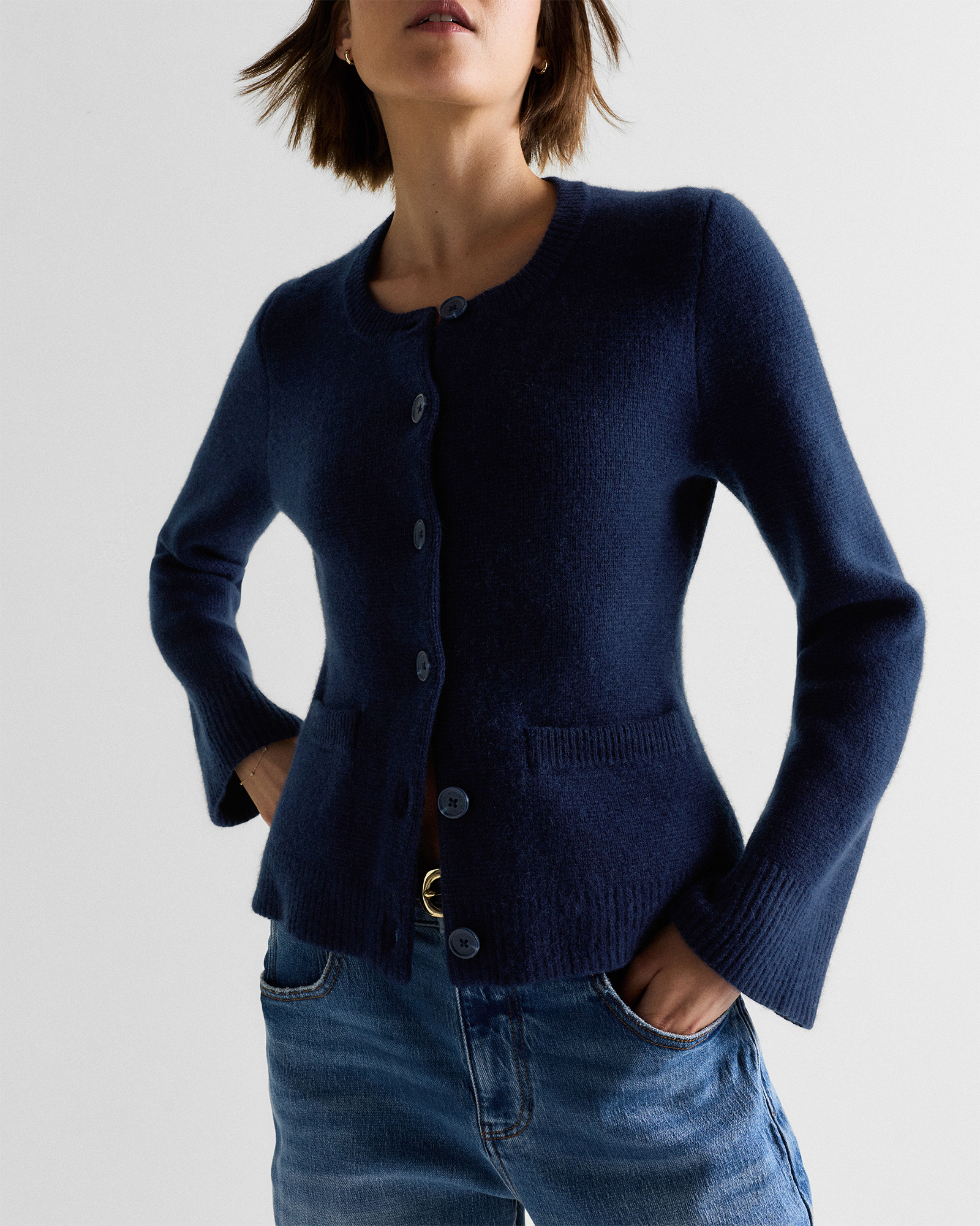 Mongolian Cashmere Structured Cardigan in True Navy
